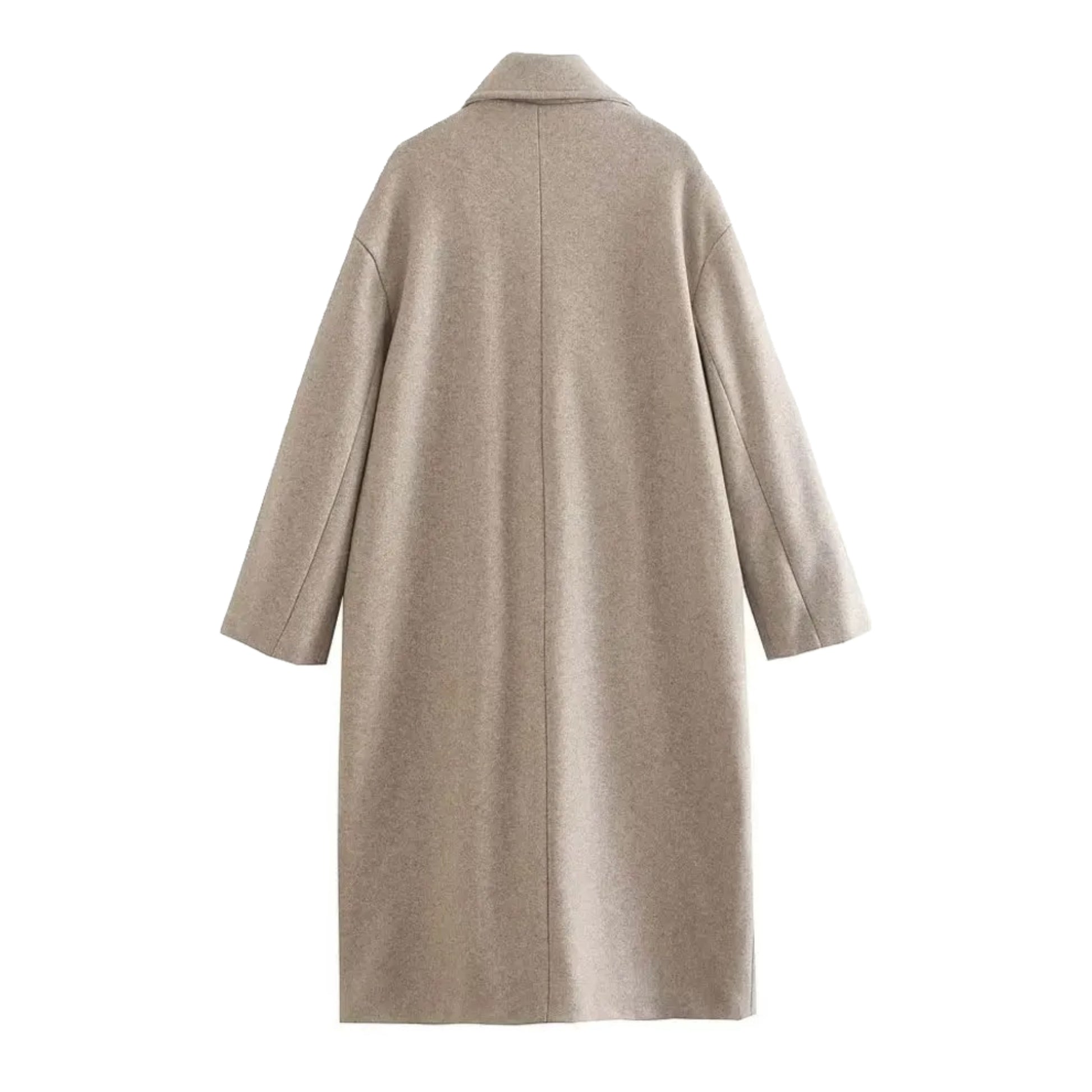 Light brown woolen oversized trench coat for women with double breasted black buttons, tailored long sleeve design, wide lapel collar, warm and thick wool blend outerwear, soft cozy winter jacket, elevated minimalist fashion, Scandinavian street style coat, classy neutral fall and winter outfit, womens fashion outerwear that ships worldwide including US, Canada, Australia, UK, Europe, Asia.