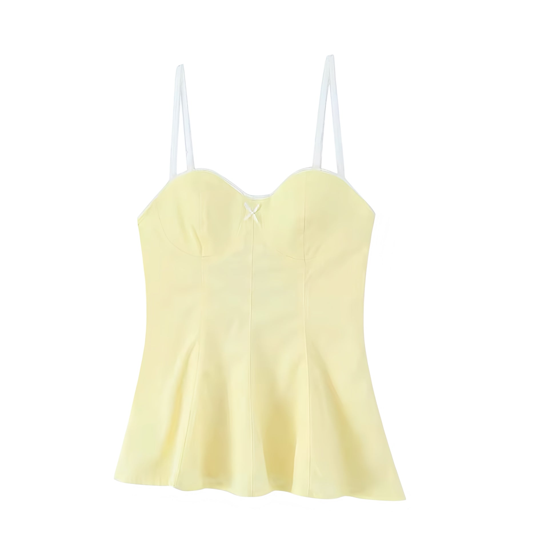 Light Yellow Bow Lace Trim Corset Camisole Tank Top Bustier Slim Fit Crop Blouse with Sweetheart Neckline Peplum Flared Ruffle Trim Plissé Pleated Sleeveless Backless Y2K Preppy Feminine Summer 2025 Fashion Available worldwide with fast shipping to US, UK, Canada, Australia, France, Germany, Denmark, Europe, and Asia.