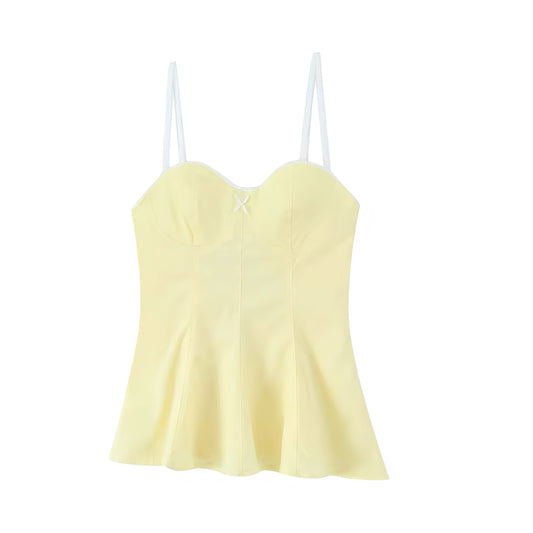 Light Yellow Bow Lace Trim Corset Camisole Tank Top Bustier Slim Fit Crop Blouse with Sweetheart Neckline Peplum Flared Ruffle Trim Plissé Pleated Sleeveless Backless Y2K Preppy Feminine Summer 2025 Fashion Available worldwide with fast shipping to US, UK, Canada, Australia, France, Germany, Denmark, Europe, and Asia.
