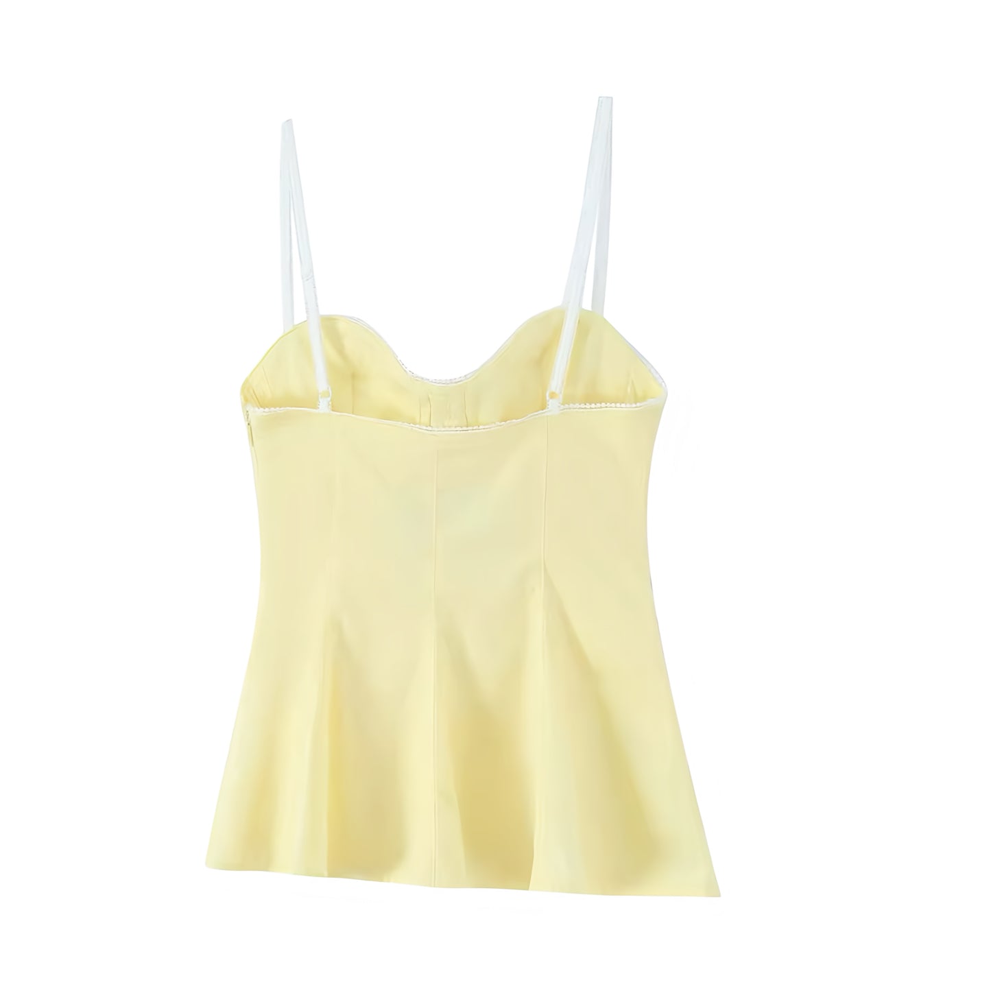Light Yellow Bow Lace Trim Corset Camisole Tank Top Bustier Slim Fit Crop Blouse with Sweetheart Neckline Peplum Flared Ruffle Trim Plissé Pleated Sleeveless Backless Y2K Preppy Feminine Summer 2025 Fashion Available worldwide with fast shipping to US, UK, Canada, Australia, France, Germany, Denmark, Europe, and Asia.