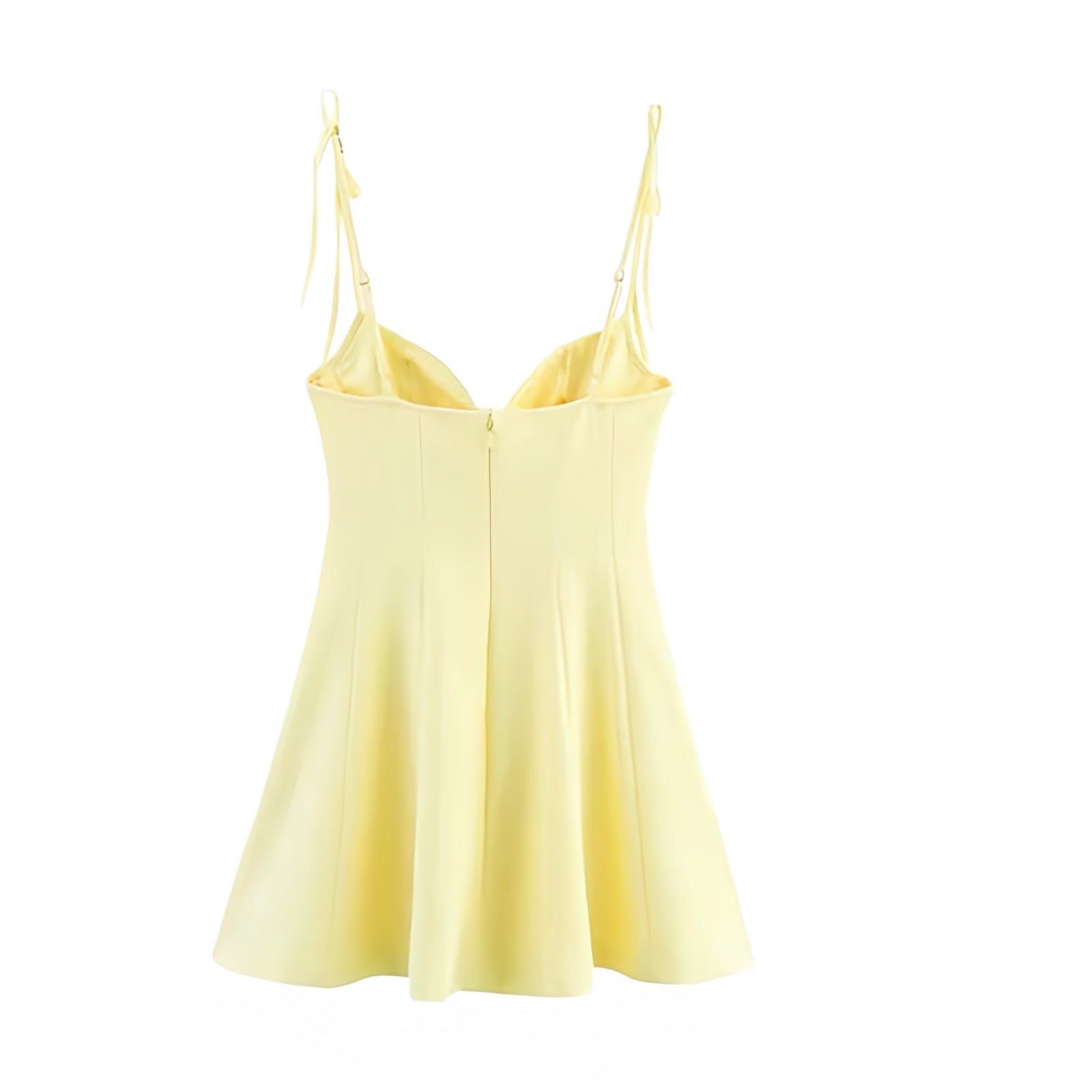 Light butter yellow slim fit bodycon corset bustier sweetheart neckline spaghetti strap sleeveless backless a-line drop waist flared plissé pleated short mini dress sundress for women and teens, chic trendy preppy elegant feminine fashion, Y2K sexy summer 2025 casual everyday holiday vacation brunch sorority rush prom hoco homecoming school party going out night out club wear, with global shipping to USA, UK, Europe, Australia, and Canada.
