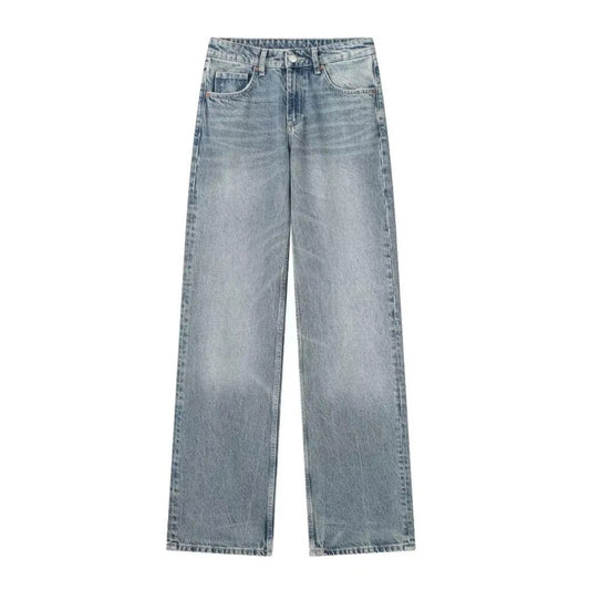 Light grey blue faded mid-rise wide leg denim jeans for women featuring a relaxed, full-length silhouette and soft cotton blend material. Vintage-inspired light wash denim with subtle fading for a lived-in, minimalist aesthetic. Perfect for everyday wear, casual outings, and clean Scandinavian street style looks. Ideal for all seasons including spring, summer, fall, and winter 2025. Ships globally and worldwide to the US, UK, Canada, Europe, and Australia.