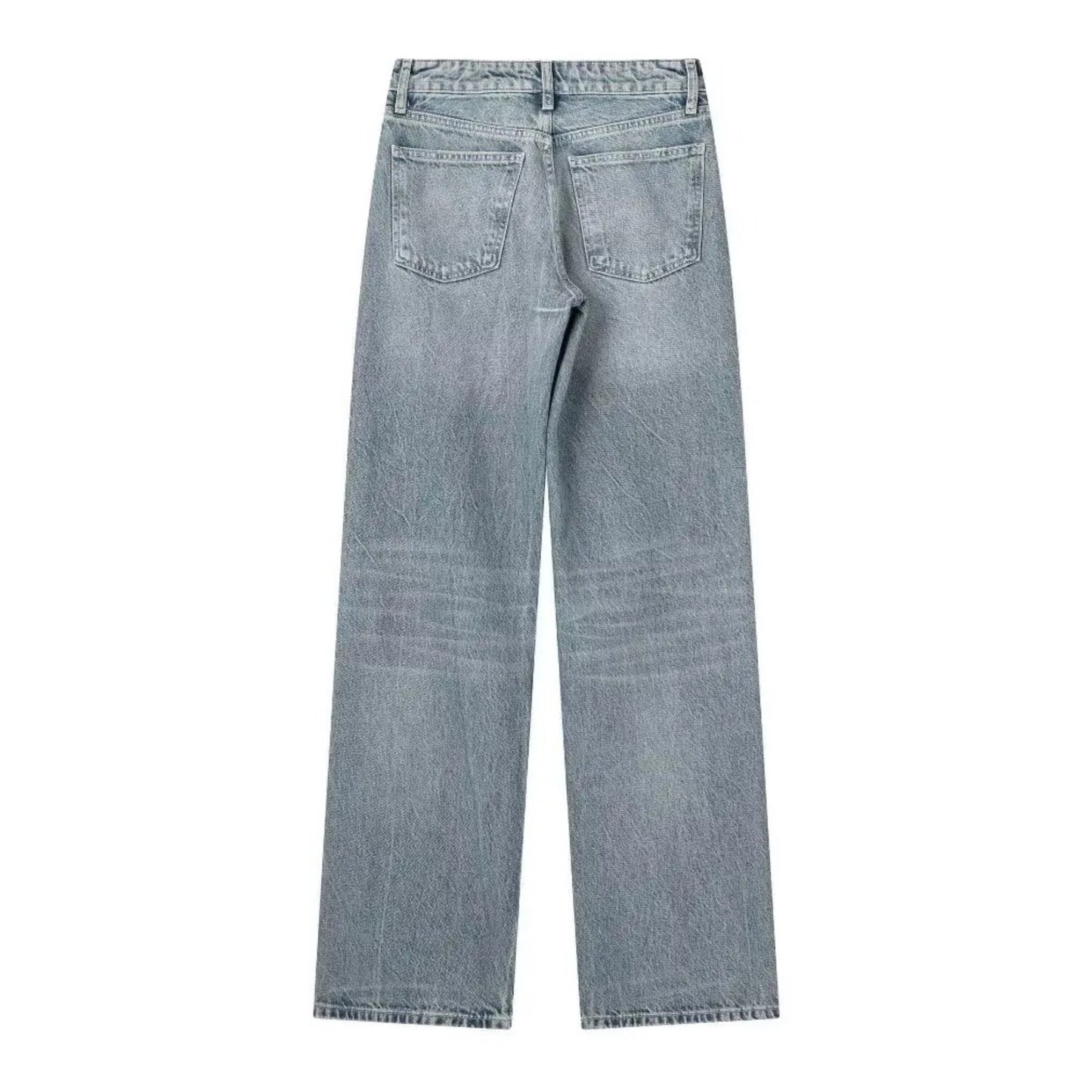Light grey blue faded mid-rise wide leg denim jeans for women featuring a relaxed, full-length silhouette and soft cotton blend material. Vintage-inspired light wash denim with subtle fading for a lived-in, minimalist aesthetic. Perfect for everyday wear, casual outings, and clean Scandinavian street style looks. Ideal for all seasons including spring, summer, fall, and winter 2025. Ships globally and worldwide to the US, UK, Canada, Europe, and Australia.