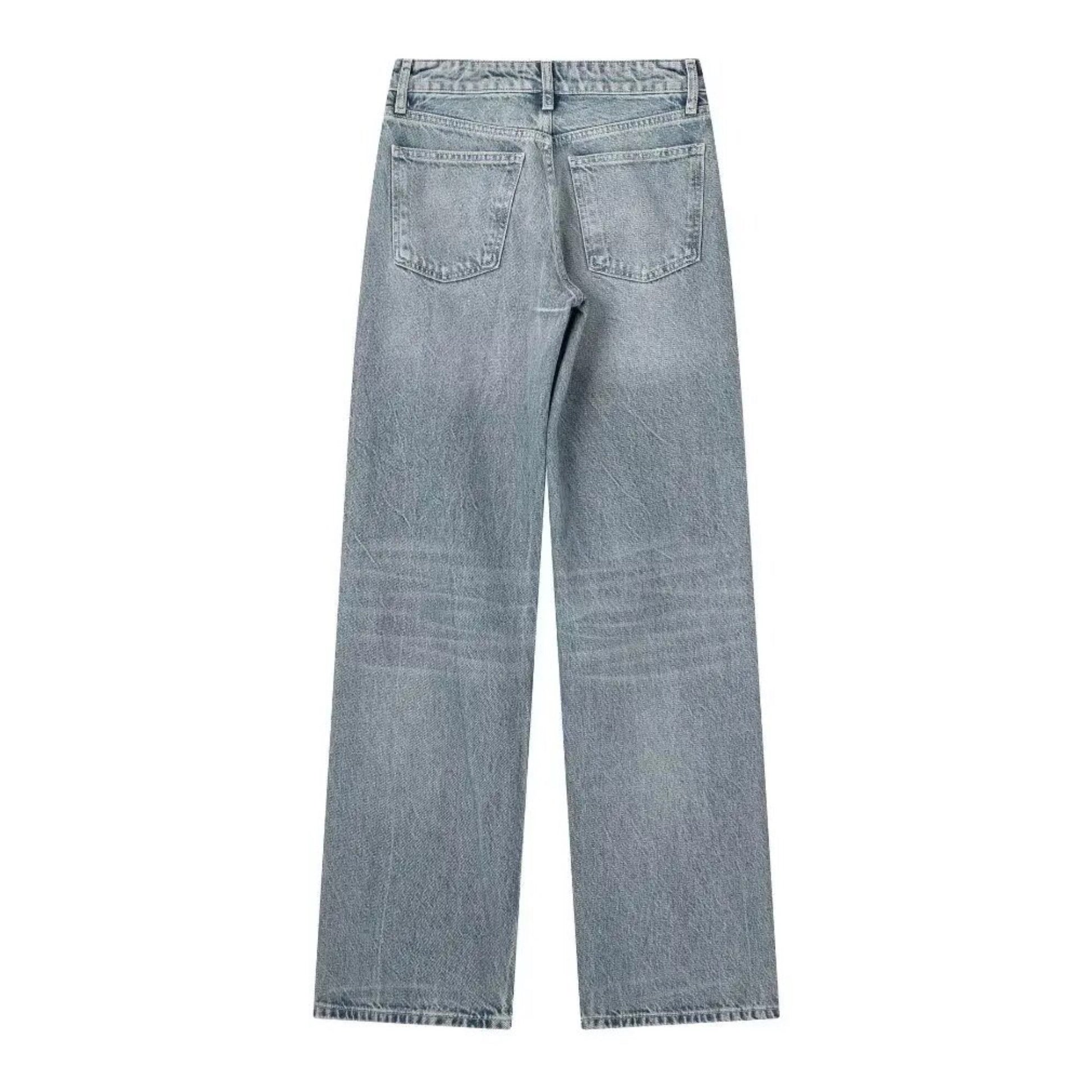Light grey blue faded mid-rise wide leg denim jeans for women featuring a relaxed, full-length silhouette and soft cotton blend material. Vintage-inspired light wash denim with subtle fading for a lived-in, minimalist aesthetic. Perfect for everyday wear, casual outings, and clean Scandinavian street style looks. Ideal for all seasons including spring, summer, fall, and winter 2025. Ships globally and worldwide to the US, UK, Canada, Europe, and Australia.