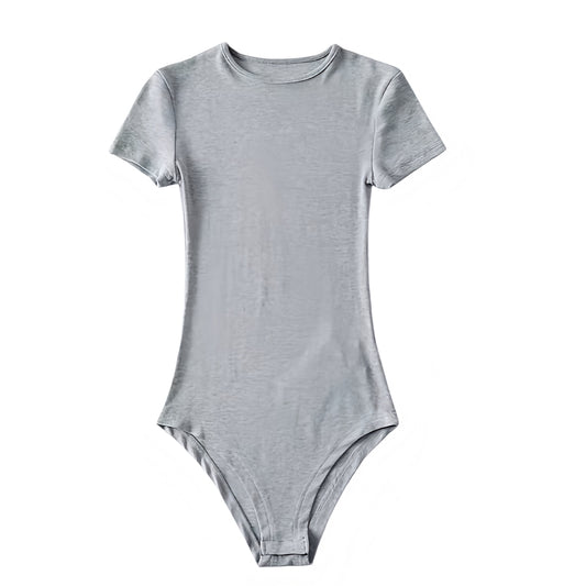 Light grey bodycon short sleeve bodysuit featuring a sleek slim fit silhouette and crewneck design. Made from a soft, breathable cotton blend with seamless stretch for a flattering and comfortable fit. A versatile, minimalist essential for layering or casual everyday wear. Perfect neutral wardrobe staple for 2025. Ships globally to the US, UK, Canada, Australia, New Zealand, Europe, Asia, and more.


