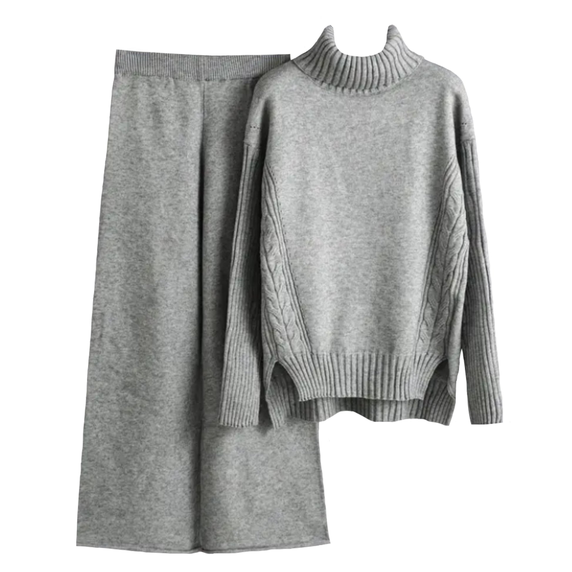 Light Grey Cable Knit Turtleneck Sweater & Pants 2 Piece Set for women and teens. Soft, comfy, cozy, and warm knitwear outfit featuring a turtleneck pullover sweater and high-waisted wide-leg knit pants. Elegant, trendy, and neutral matching set perfect for fall, autumn, and winter 2025 fashion. Ships globally and worldwide to the US, UK, Canada, Australia, Europe, and Asia.