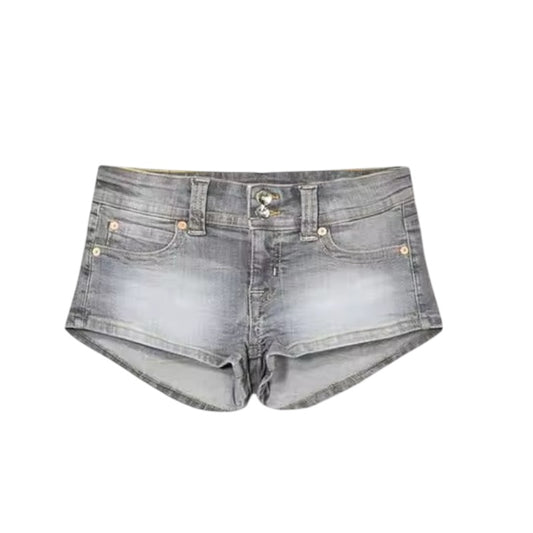 Light grey faded low-rise Y2K denim jean mini booty shorts slim fit with pockets, sexy peachy bottom retro vintage chic casual trendy cute western country festival shorts, perfect summer 2025 women’s and teens club wear night out outfits, ships internationally to USA, Canada, UK, Australia, France, Germany, Spain, Italy, Denmark, Asia.