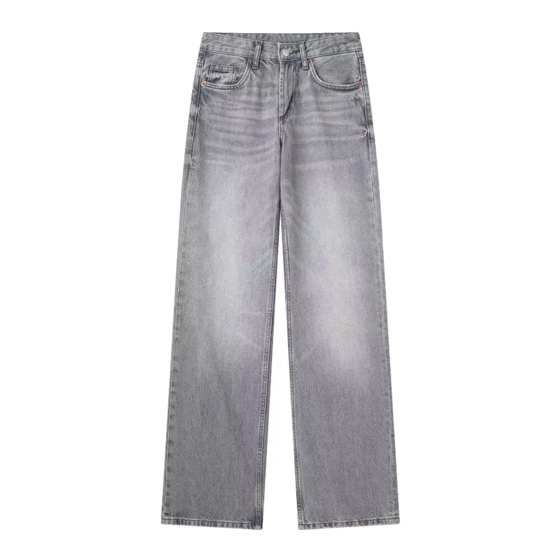 Light grey faded mid-rise wide leg denim jeans for women featuring a full-length straight leg silhouette, soft cotton blend material, and subtle light wash fading for a clean, vintage-inspired look. Designed with a comfortable relaxed fit and mid-rise waist for modern everyday wear. Perfect for minimalist, Scandi, or streetwear outfits across all seasons—spring, summer, fall, and winter 2025. Ships globally and worldwide to US, UK, Canada, Europe, and Australia.