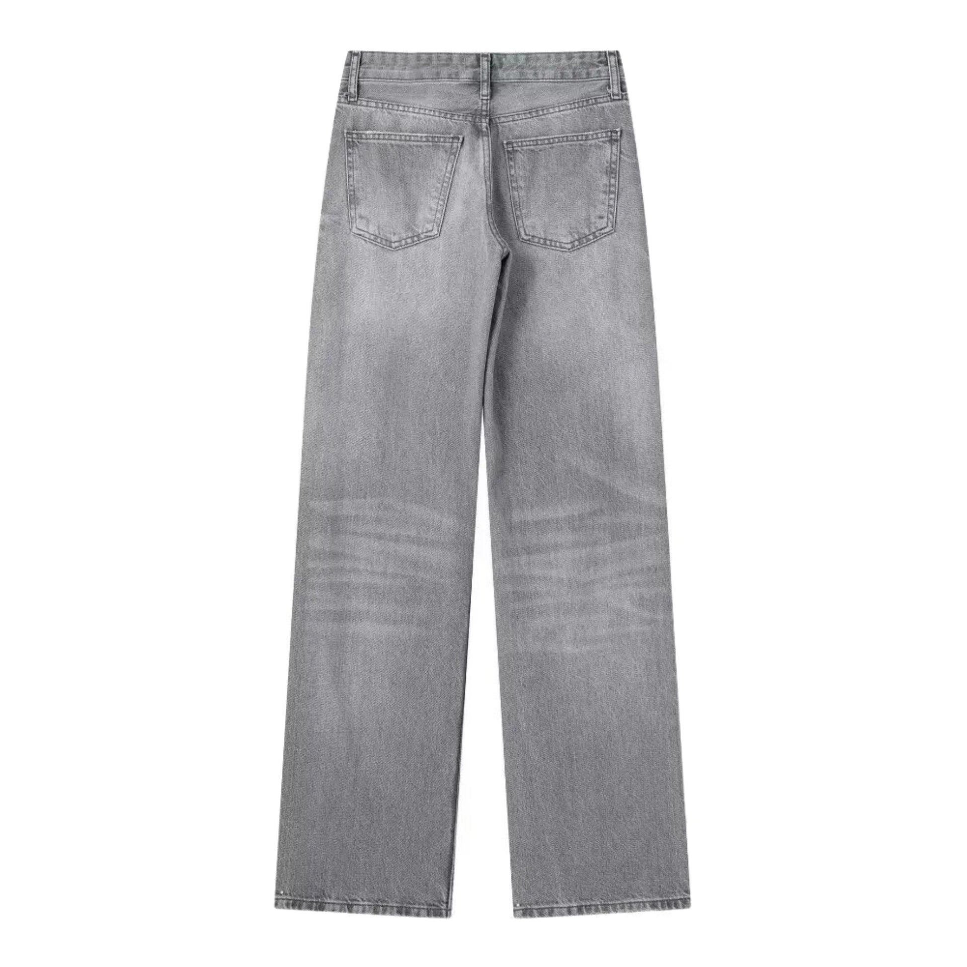 Light grey faded mid-rise wide leg denim jeans for women featuring a full-length straight leg silhouette, soft cotton blend material, and subtle light wash fading for a clean, vintage-inspired look. Designed with a comfortable relaxed fit and mid-rise waist for modern everyday wear. Perfect for minimalist, Scandi, or streetwear outfits across all seasons—spring, summer, fall, and winter 2025. Ships globally and worldwide to US, UK, Canada, Europe, and Australia.
