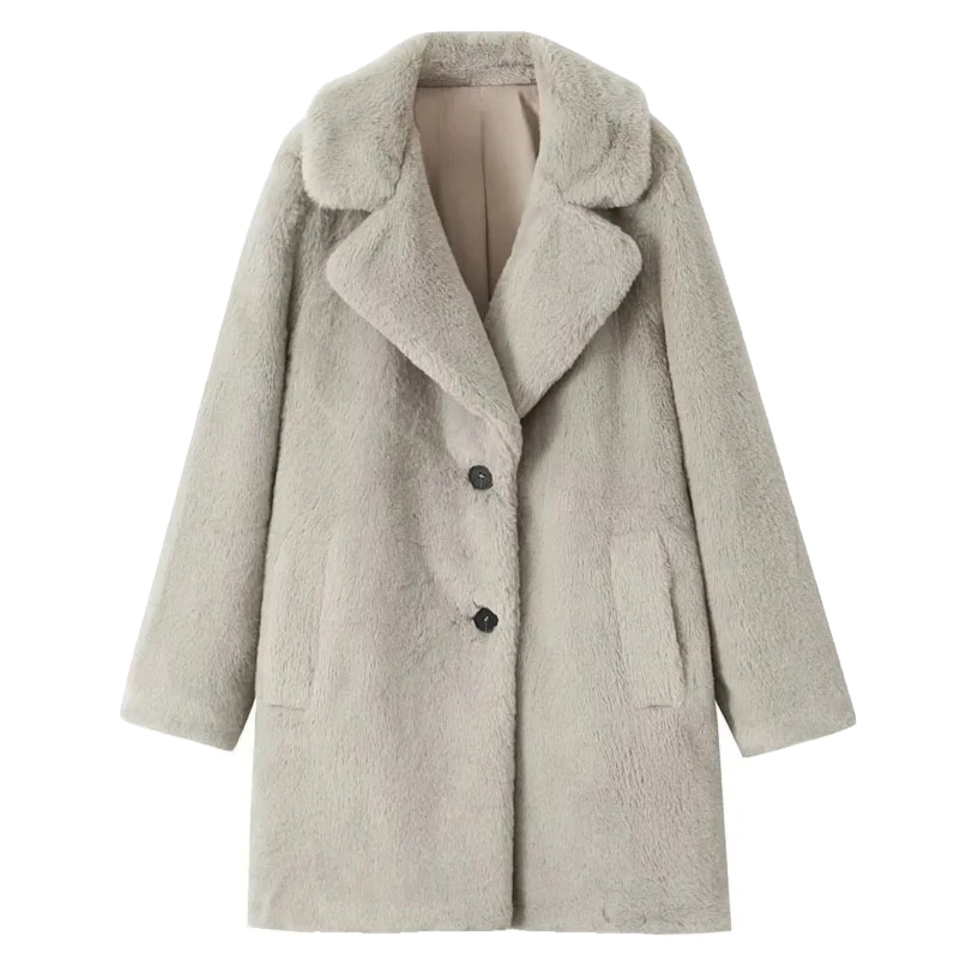 Light grey faux fur oversized long sleeve trench coat jacket for women and teens, satin lined fuzzy soft cozy warm thick full length luxury fur coat with collared v-neck split neck, elegant feminine trendy Y2K chic fashionable outerwear for fall autumn winter 2025, silver gray Scandinavian Copenhagen streetwear and old money style apres ski ski trip snow day outfit, with global worldwide shipping to US UK Canada Australia Europe and Asia.
