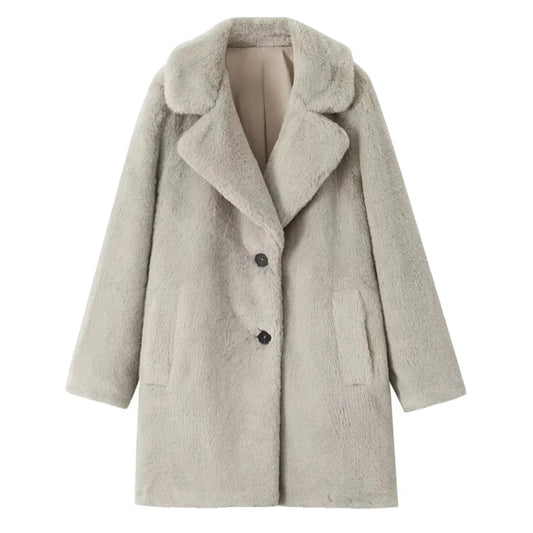 Light grey faux fur oversized long sleeve trench coat jacket for women and teens, satin lined fuzzy soft cozy warm thick full length luxury fur coat with collared v-neck split neck, elegant feminine trendy Y2K chic fashionable outerwear for fall autumn winter 2025, silver gray Scandinavian Copenhagen streetwear and old money style apres ski ski trip snow day outfit, with global worldwide shipping to US UK Canada Australia Europe and Asia.