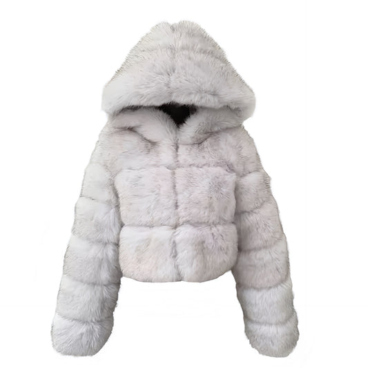 Light grey faux fur ribbed cropped hooded zip-up jacket for women featuring plush mink-inspired faux fur, satin lined interior, metallic full zip closure, oversized relaxed fit and long sleeves. Soft, cozy, warm yet lightweight winter coat in ash grey and off white tones, perfect for Scandinavian Stockholm style, Y2K streetwear, apres ski, snow trips, night out and everyday fashion. Ships worldwide.