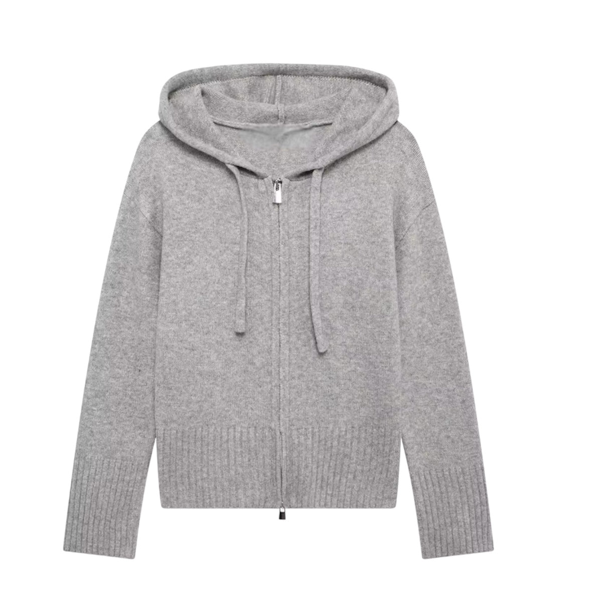 Light grey knit long sleeve cropped zip-down hooded sweater jacket for women and teens, soft chunky ribbed knit hoodie with silver zipper, cozy warm thick knitwear jacket cardigan, trendy chic fall autumn winter 2025 fashion, Scandinavian and streetwear inspired Zara Aritzia dupe, global worldwide shipping to US, UK, Canada, Europe, Australia, and Asia.