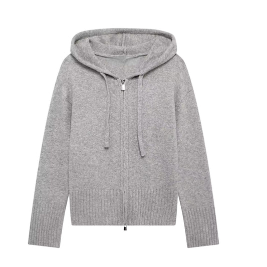 Light grey knit long sleeve cropped zip-down hooded sweater jacket for women and teens, soft chunky ribbed knit hoodie with silver zipper, cozy warm thick knitwear jacket cardigan, trendy chic fall autumn winter 2025 fashion, Scandinavian and streetwear inspired Zara Aritzia dupe, global worldwide shipping to US, UK, Canada, Europe, Australia, and Asia.