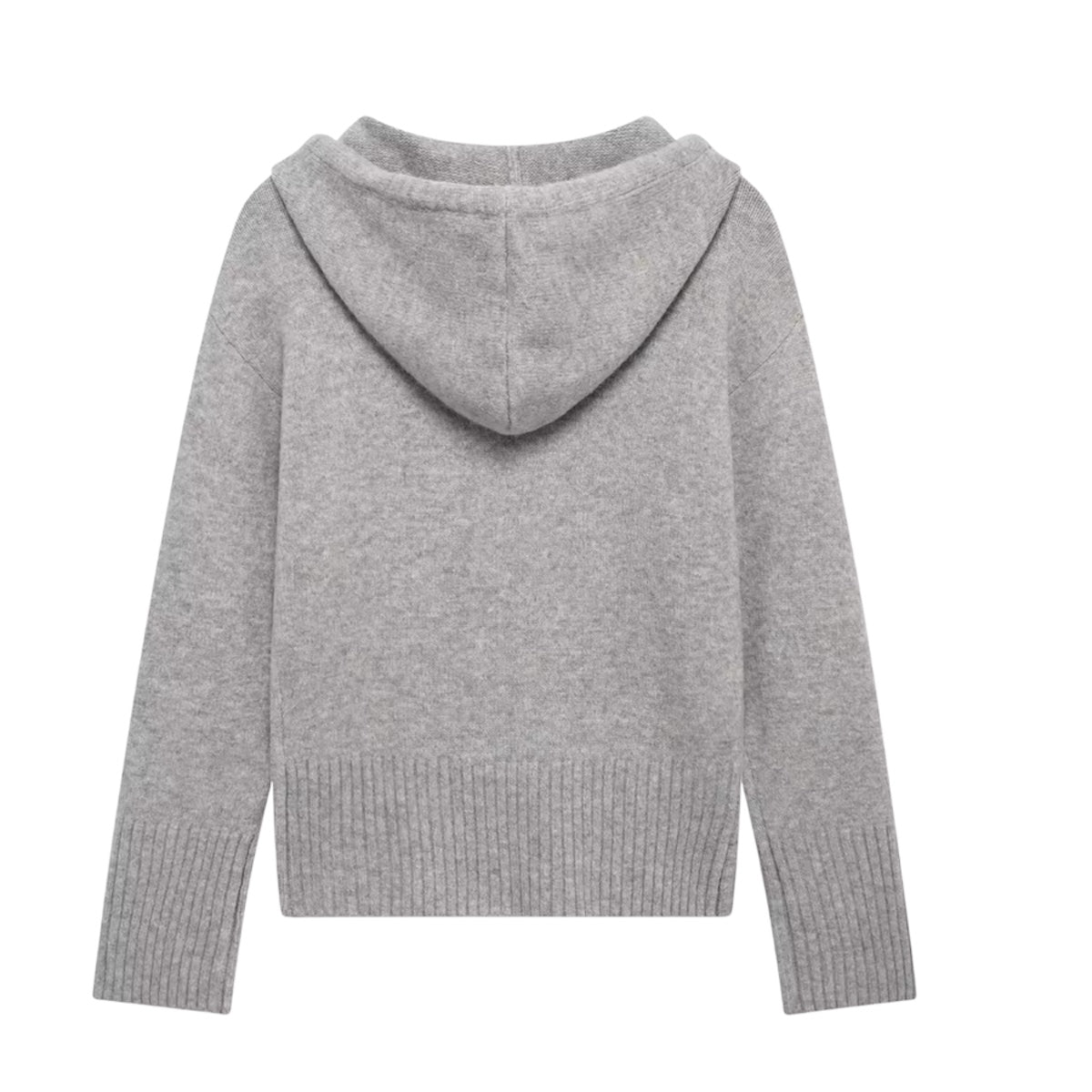 Light grey knit long sleeve cropped zip-down hooded sweater jacket for women and teens, soft chunky ribbed knit hoodie with silver zipper, cozy warm thick knitwear jacket cardigan, trendy chic fall autumn winter 2025 fashion, Scandinavian and streetwear inspired Zara Aritzia dupe, global worldwide shipping to US, UK, Canada, Europe, Australia, and Asia.