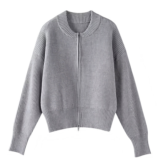 Light grey knit ribbed zip-down long sleeve cardigan sweater for women and teens, chunky knit soft cozy warm thick ribbed knitwear, elegant trendy casual chic jumper jacket for fall autumn winter 2025, Zara and Aritzia dupe cardigan, cozy Scandinavian-inspired knit zip sweater shipping globally worldwide to US, UK, Canada, Europe, Australia, and Asia.