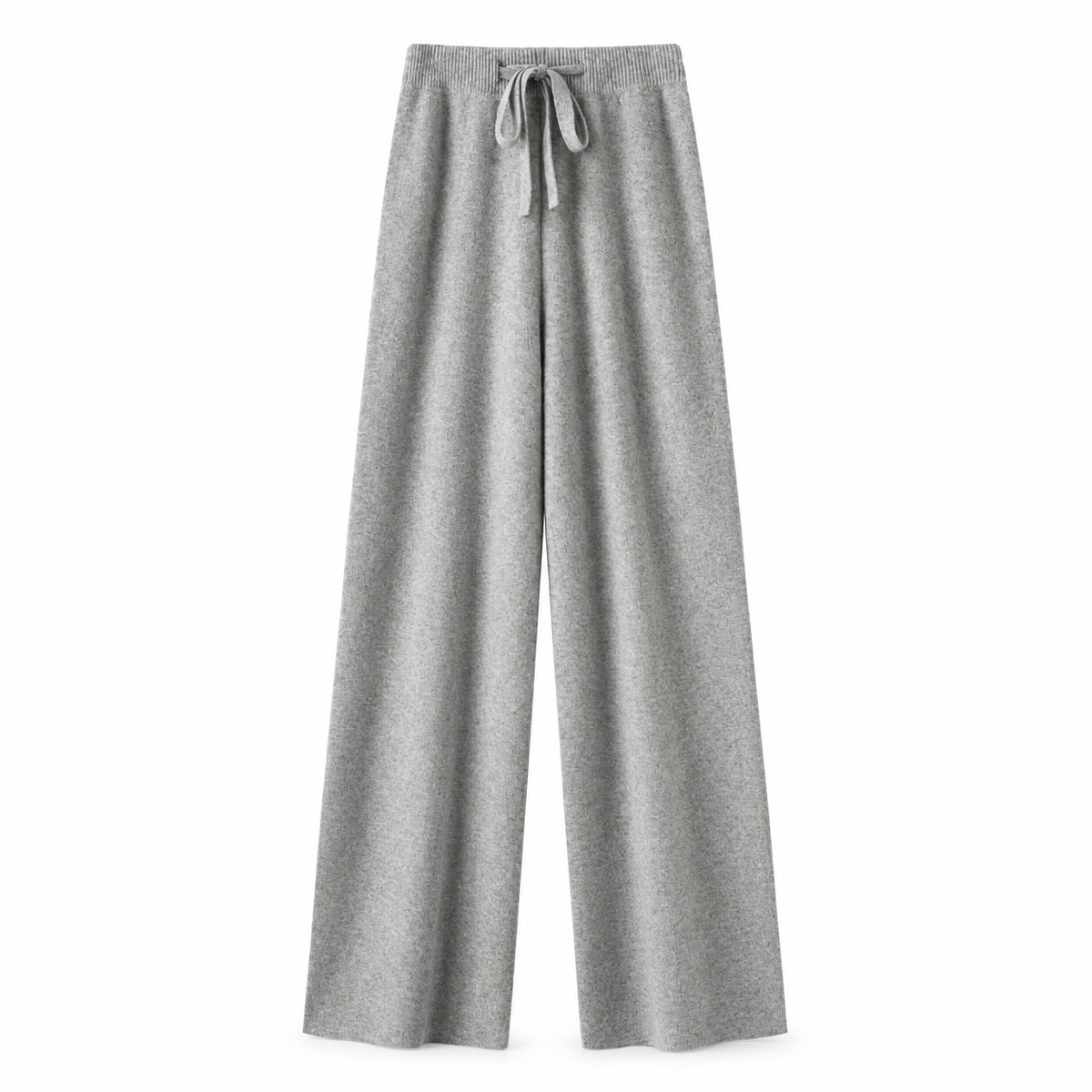 Light grey heather grey knit wide leg fleece pants for women with soft sweater-knit construction, ribbed fitted drawstring mid-rise waistband, relaxed baggy fit and full-length draped wide legs. Warm cozy elevated loungewear and knit trousers for fall winter 2026, clean girl, minimalist, Scandi, Stockholm, Copenhagen, quiet luxury, casual chic, old money, preppy, airport, travel, college, school, streetwear, model off duty and everyday outfits.


