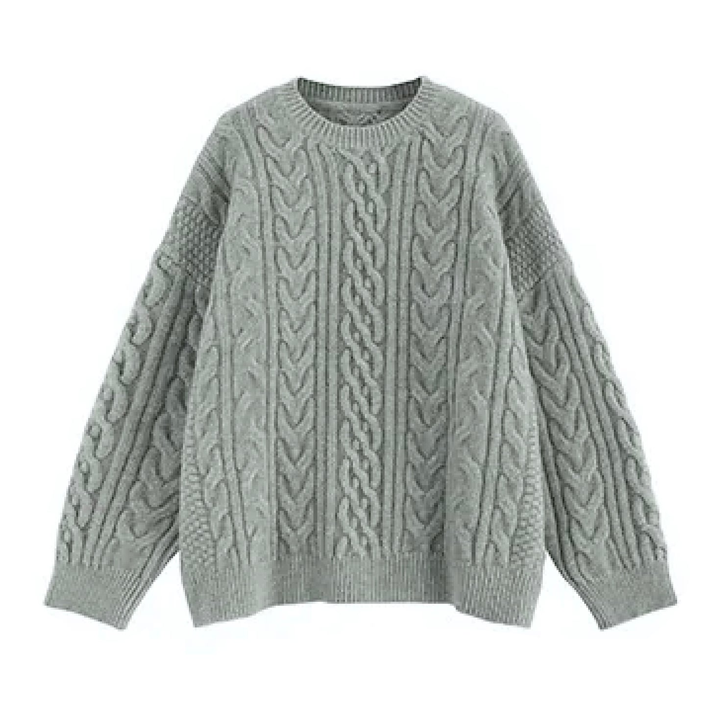 Light grey cable knit oversized long sleeve crewneck pullover sweater for women and teens, soft cozy chunky knit with round neckline and relaxed fit, elegant warm knitwear for fall autumn winter 2025, feminine chic streetwear inspired by Zara and Aritzia dupe sweaters, perfect for clean girl and old money preppy style, ships globally worldwide to US, UK, Canada, Europe, Australia, and Asia.