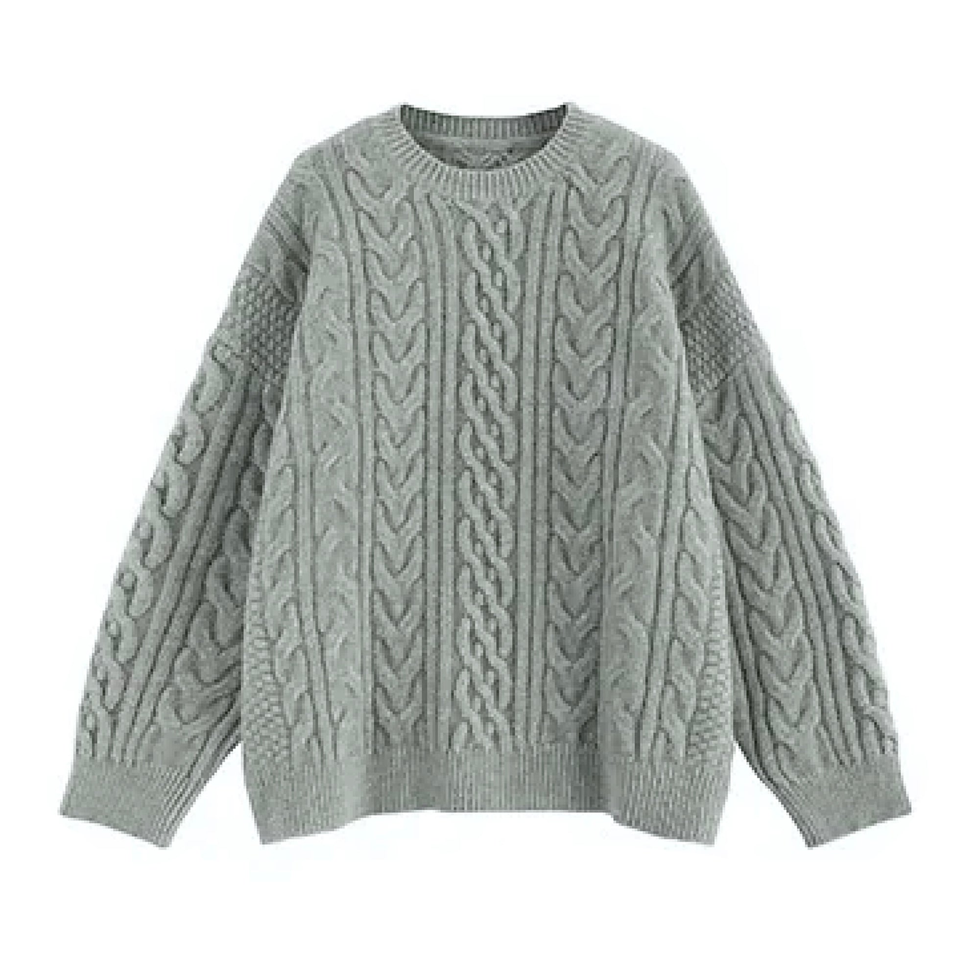 Light grey cable knit oversized long sleeve crewneck pullover sweater for women and teens, soft cozy chunky knit with round neckline and relaxed fit, elegant warm knitwear for fall autumn winter 2025, feminine chic streetwear inspired by Zara and Aritzia dupe sweaters, perfect for clean girl and old money preppy style, ships globally worldwide to US, UK, Canada, Europe, Australia, and Asia.