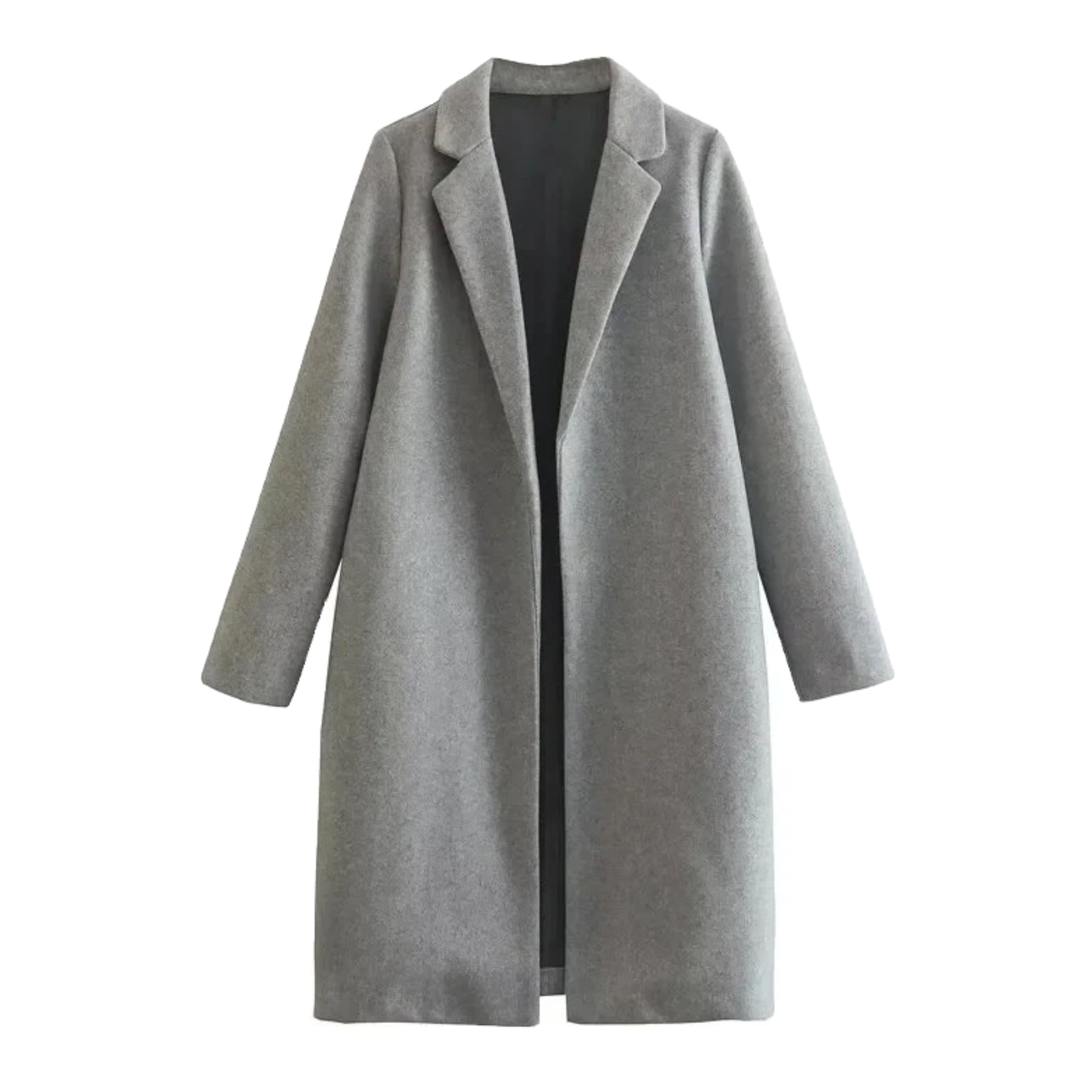 Light grey woolen oversized trench coat for women with wide lapel collar, long sleeves, relaxed tailored silhouette, soft cozy warm wool blend fabric, minimalist neutral winter outerwear, chic streetwear style jacket ideal for fall and winter fashion, ships globally to US, Canada, UK, Europe, Australia and more.