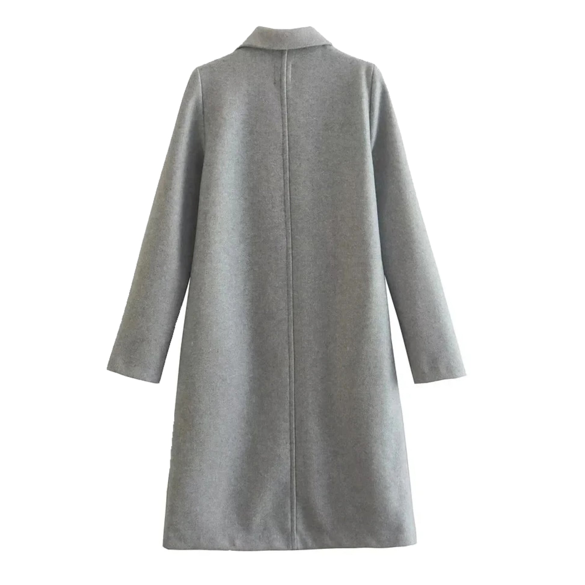 Light grey woolen oversized trench coat for women with wide lapel collar, long sleeves, relaxed tailored silhouette, soft cozy warm wool blend fabric, minimalist neutral winter outerwear, chic streetwear style jacket ideal for fall and winter fashion, ships globally to US, Canada, UK, Europe, Australia and more.
