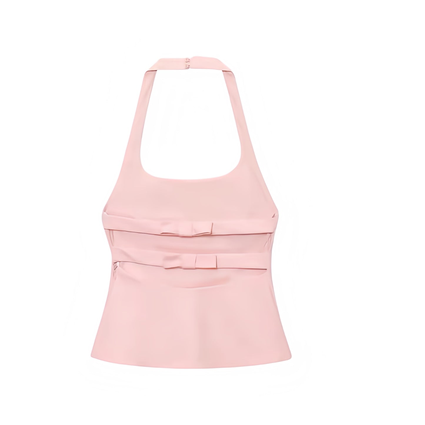 Light pink backless corset halter crop tank top with slim fit bustier bodycon design, square neckline, spaghetti straps, bow detail, sleeveless blouse – chic trendy sexy preppy coquette summer 2025 fashion for women and teens casual everyday wear, vacation, party, brunch, sorority rush, night out, clubwear