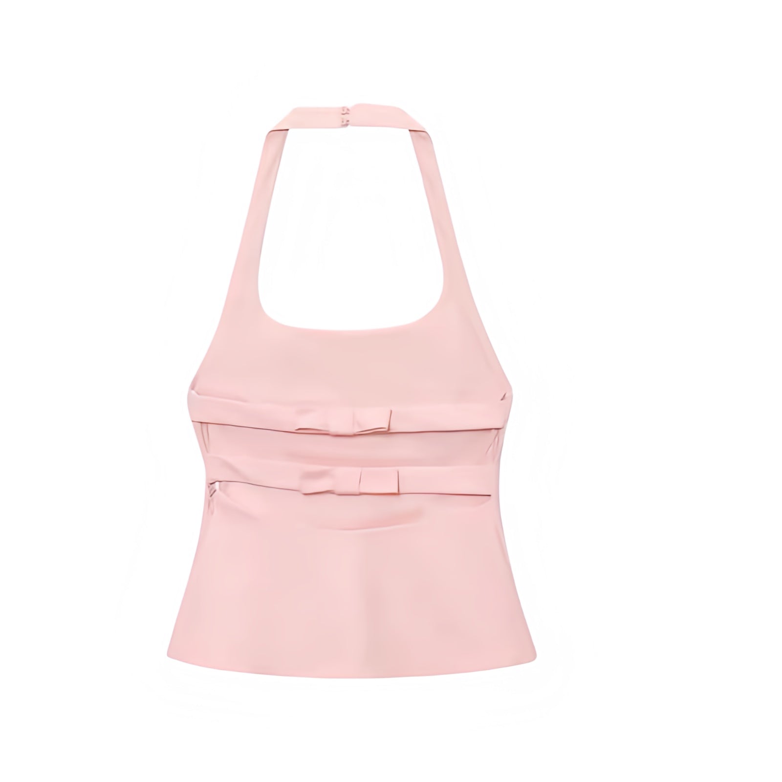 Light pink backless corset halter crop tank top with slim fit bustier bodycon design, square neckline, spaghetti straps, bow detail, sleeveless blouse – chic trendy sexy preppy coquette summer 2025 fashion for women and teens casual everyday wear, vacation, party, brunch, sorority rush, night out, clubwear