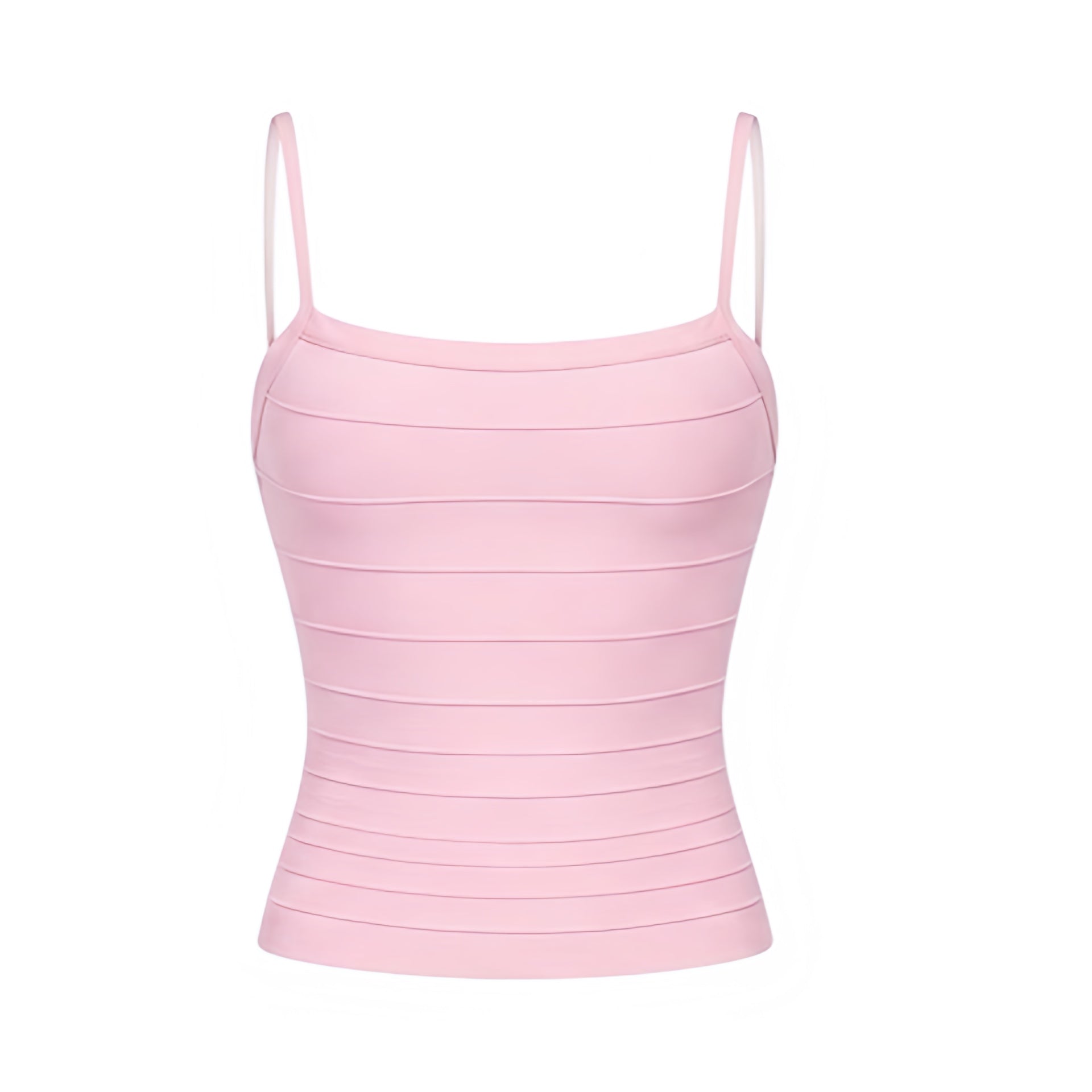 Light pink bodycon sleeveless corset bandage top with fitted slim fit silhouette, baby pink pastel pink bubblegum pink color, spaghetti straps, square neckline, plunging neckline, bustier corset design, cropped length, Y2K bandage top, coquette top, womens going out outfit, party outfit, clubwear, baddie outfit, summer outfit, 2000s fashion, ships worldwide.