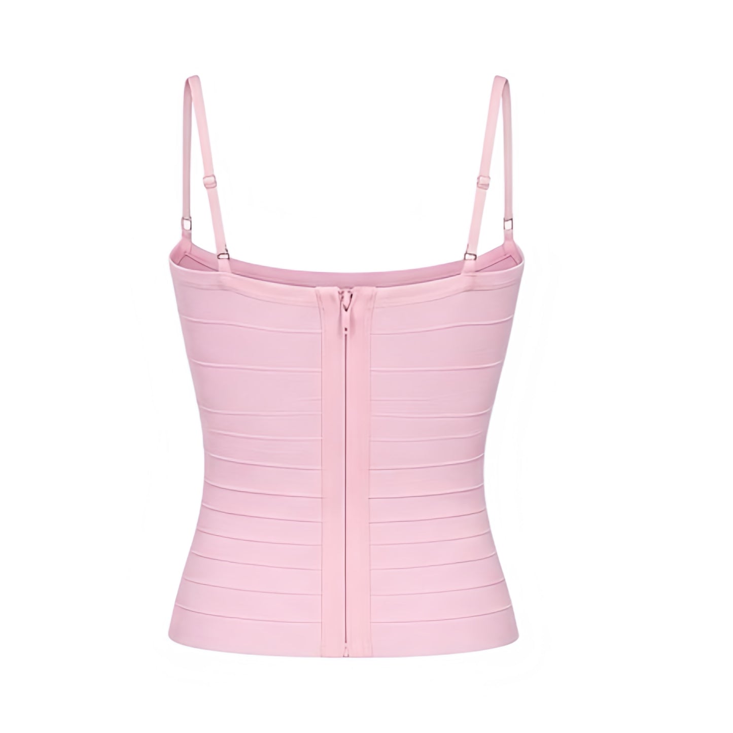 Light pink bodycon sleeveless corset bandage top with fitted slim fit silhouette, baby pink pastel pink bubblegum pink color, spaghetti straps, square neckline, plunging neckline, bustier corset design, cropped length, Y2K bandage top, coquette top, womens going out outfit, party outfit, clubwear, baddie outfit, summer outfit, 2000s fashion, ships worldwide.
