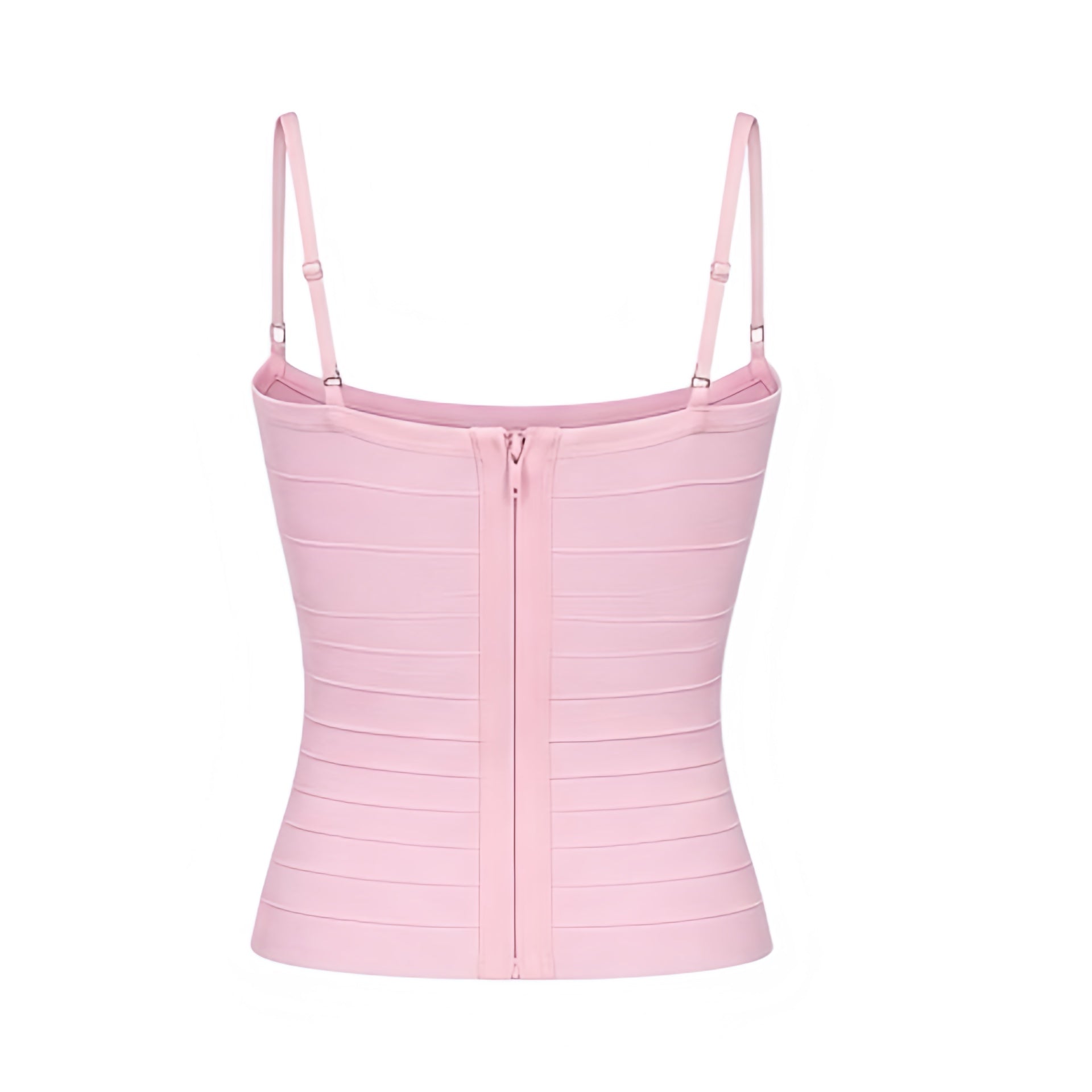 Light pink bodycon sleeveless corset bandage top with fitted slim fit silhouette, baby pink pastel pink bubblegum pink color, spaghetti straps, square neckline, plunging neckline, bustier corset design, cropped length, Y2K bandage top, coquette top, womens going out outfit, party outfit, clubwear, baddie outfit, summer outfit, 2000s fashion, ships worldwide.