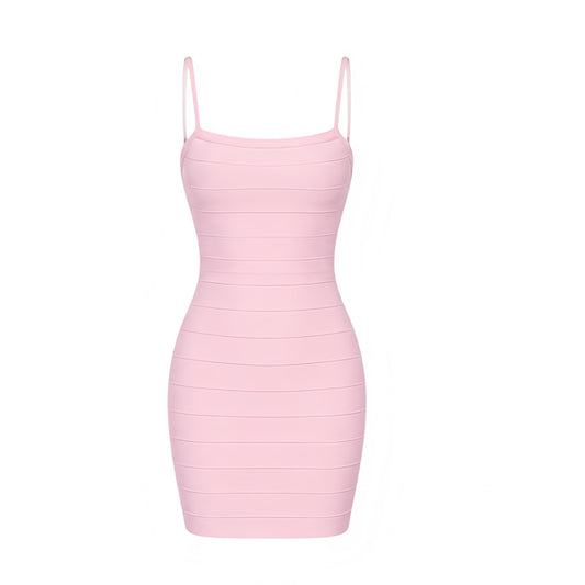 Light pink baby pink pastel pink bubblegum pink bodycon mini bandage dress for women, slim fit skinny fit fitted corset bustier sleeveless dress with square neckline, plunging neckline, scoop neck, cleavage, backless open back cut out hollow out design, Y2K style party club date night festival vacation baddie outfit.