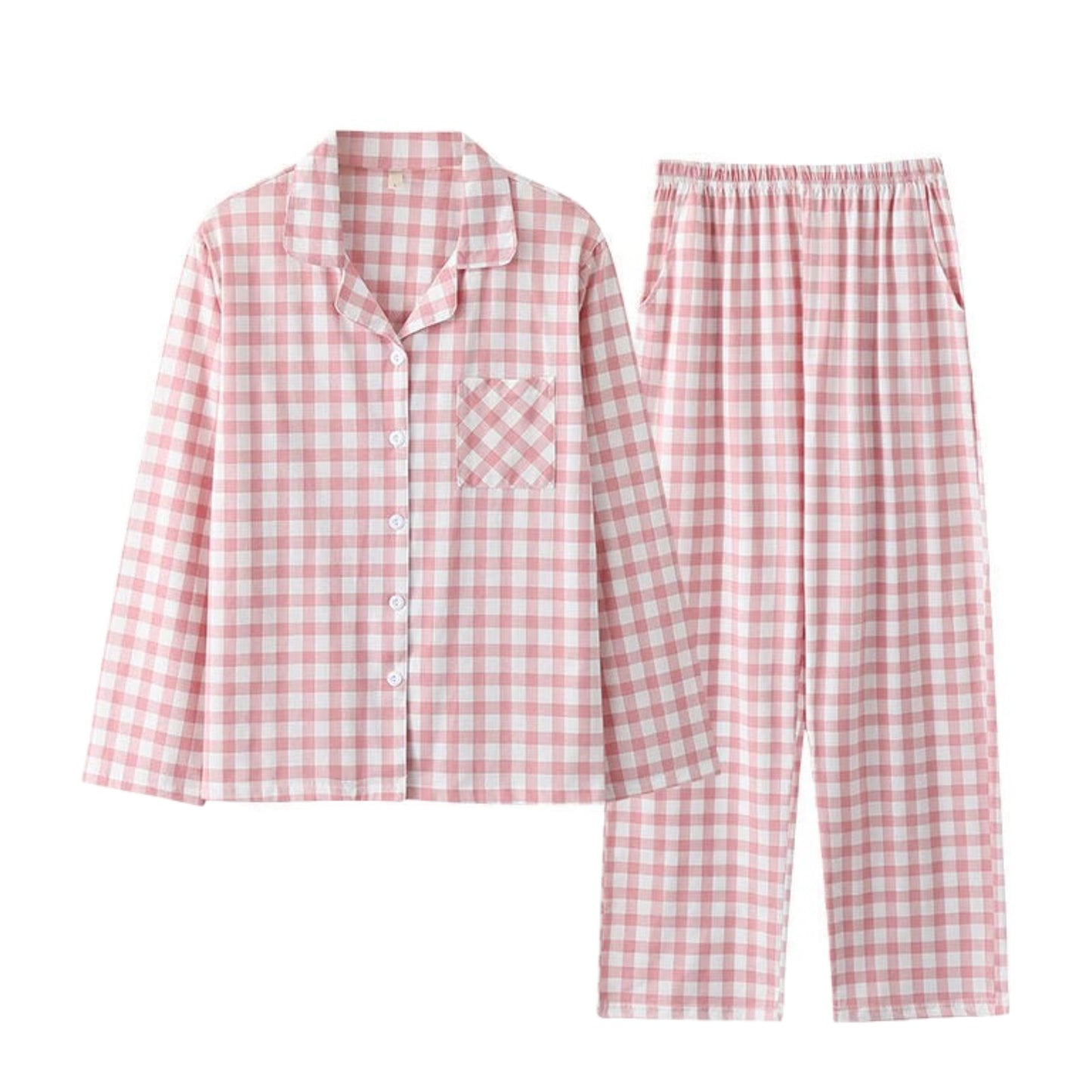 Light pink and white checkered cotton pajama set for women featuring a long sleeve button down collared top with front pocket and matching wide leg pants with pockets. Soft, breathable cotton blend fabric provides cozy comfort and feminine style. Lightweight, warm, and perfect for lounging, sleepwear, or holiday gifting. Inspired by Roller Rabbit and Eberjey. Ships globally to US, UK, Canada, Australia, New Zealand, Europe, and Asia.