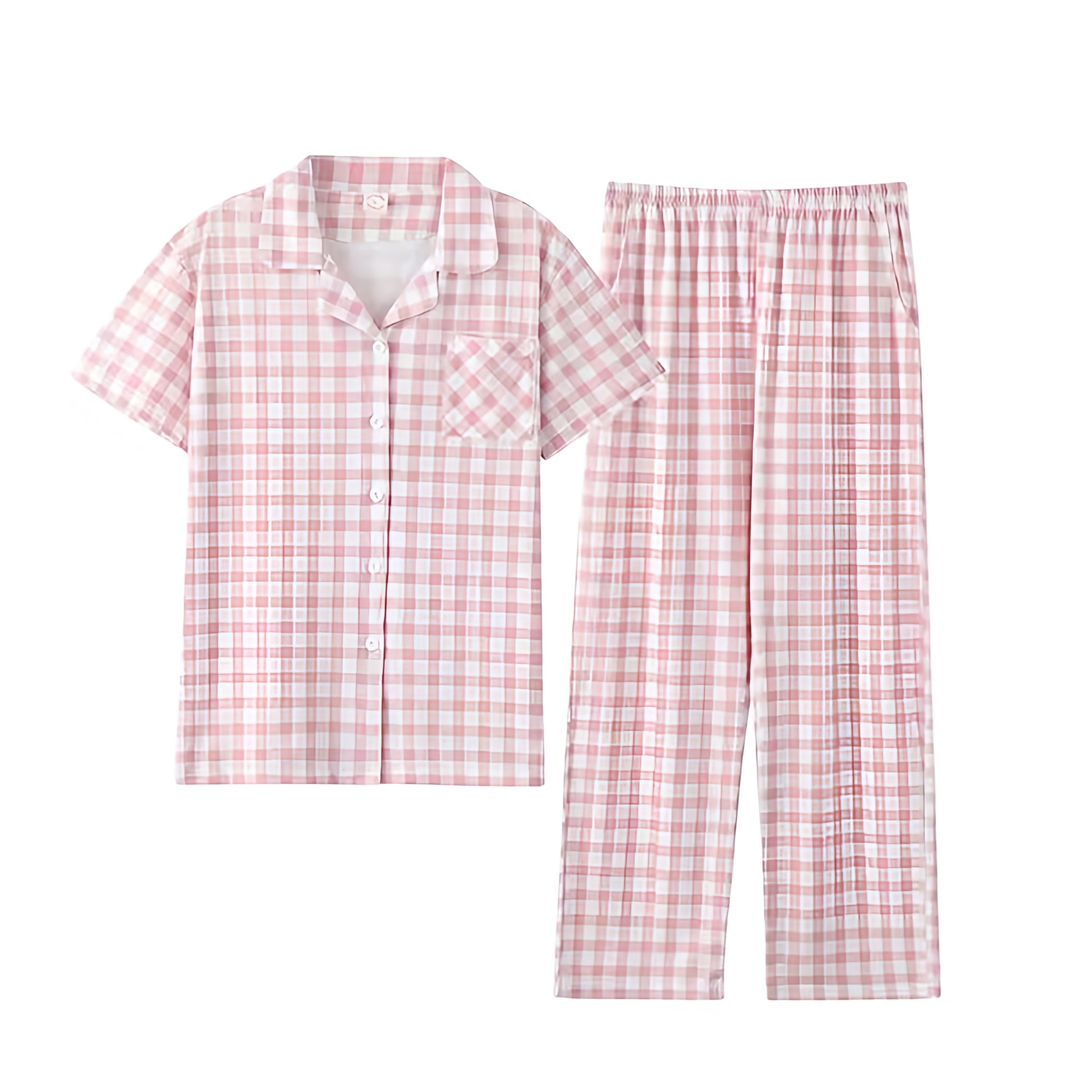 Light pink and white checkered cotton pajama set for women featuring a soft breathable cotton blend fabric. Two piece loungewear set includes a short sleeve button down collared top with front pocket and relaxed fit wide leg pants with pockets. Cozy, cute, and feminine pink gingham pattern inspired by Roller Rabbit and Eberjey. Perfect for sleepwear, lounging, and holiday gifting. Ships globally to US, UK, Canada, Australia, New Zealand, Europe, and Asia.

