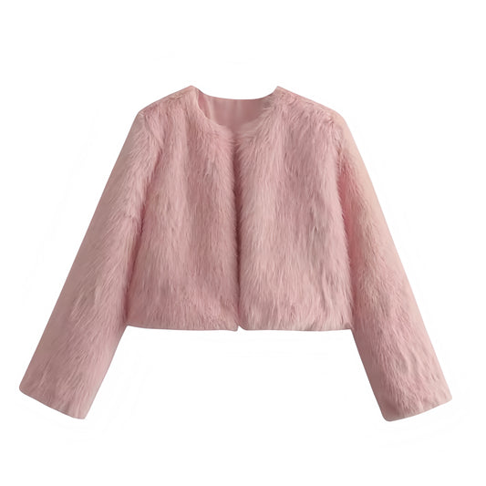 Light pink faux fur cropped jacket for women and teens, satin lined fuzzy soft cozy warm thick oversized coat with long sleeves, luxury pastel pink round neckline split neck crewneck cropped fur jacket, elegant feminine trendy Y2K chic outerwear for fall autumn winter 2025, cool girl Copenhagen street style ski trip apres ski fashion with global worldwide shipping to US UK Canada Australia Europe and Asia.