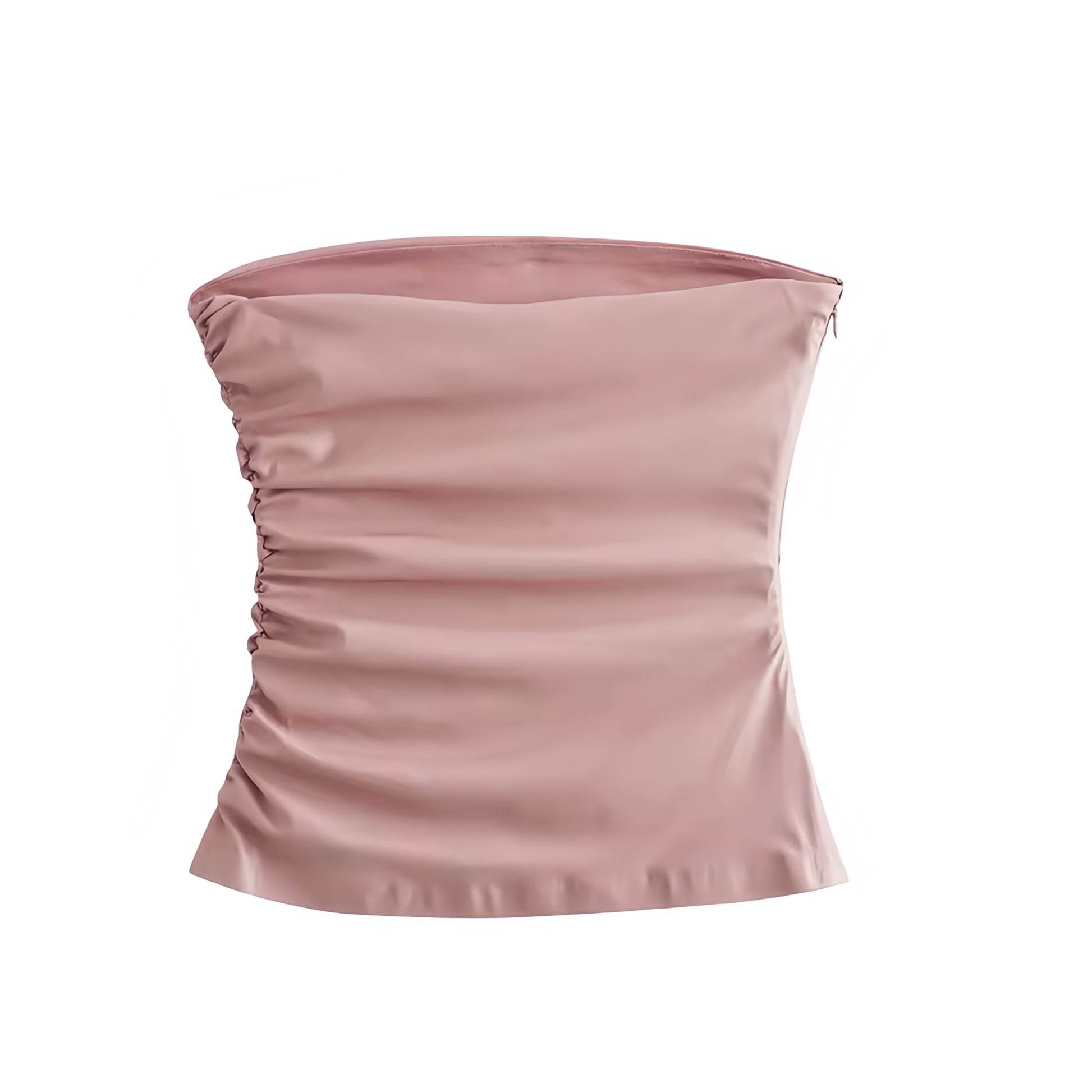 Light pink faux leather slim fit strapless tube top with ruched bodycon silhouette. Bustier corset-inspired bandeau crop top with square neckline, sleeveless solid chic design. Women’s and teens’ summer and fall 2025 fashion. Feminine coquette Y2K trendy stylish crop blouse perfect for holiday, vacation, casual everyday outfits, sorority rush, elegant evening wear, party, night out, going out, sexy club wear, rave, festival, and concert fashion. Ships worldwide to USA, Australia, New Zealand, UK, CA, Europe