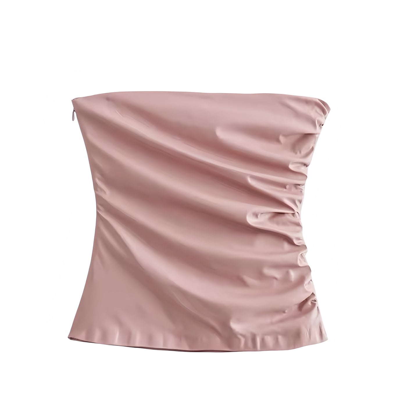 Light pink faux leather slim fit strapless tube top with ruched bodycon silhouette. Bustier corset-inspired bandeau crop top with square neckline, sleeveless solid chic design. Women’s and teens’ summer and fall 2025 fashion. Feminine coquette Y2K trendy stylish crop blouse perfect for holiday, vacation, casual everyday outfits, sorority rush, elegant evening wear, party, night out, going out, sexy club wear, rave, festival, and concert fashion. Ships worldwide to USA, Australia, New Zealand, UK, CA, Europe