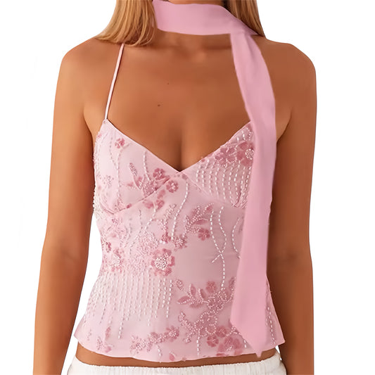 Light pink floral beaded sequin embellished v-neck halter scarf crop tank top slim fit sleeveless backless 3D flower patterned chic boho Ibiza style euro summer rave festival concert clubwear sexy trendy 2025 women teens it girl that girl with global shipping USA Canada UK Australia Europe Asia