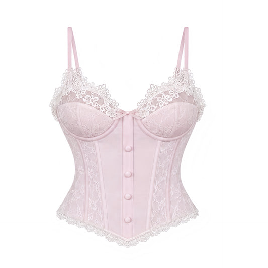 Light pink floral lace trim sleeveless bustier corset top with baby pink satin, white floral lace, scalloped lace trim, floral embroidery, structured underwire cups, corset boning, front button detail, adjustable spaghetti straps, fitted waist, pointed V hem and ribbon lace-up corset back. Women’s Y2K 2000s coquette dollette balletcore soft girl princess fairycore cottagecore French girl Euro summer cami for party, date night, going out, festival and vacation outfits.