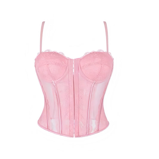 Light pink pastel pink baby pink floral flower patterned lace lace trim translucent transparent mesh slim fit bodycon silhouette corset bustier underwire push up v neck sweetheart neckline spaghetti strap sleeveless lace up back cinched waist adjustable camisole crop tank top bra bralette intimate lingerie underwear under garments shapewear womens teens ladies spring summer fall autumn winter 2026 feminine fashion coquette y2k chic trendy vintage retro evening party night out sexy club wear ships worldwide