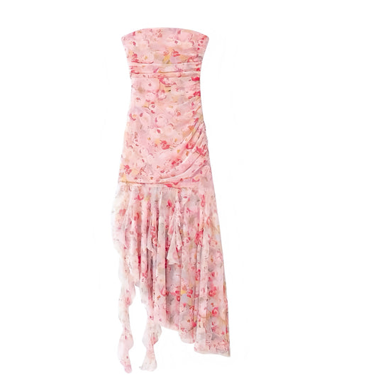 Light Pink Floral Print Bodycon Ruched Asymmetric Strapless Maxi Dress. Slim fit bodycon silhouette with multicolor floral print, ruched detailing, layered ruffle trim, and flared asymmetric maxi cut. Strapless sleeveless dress with feminine coquette style, perfect for women, teens, and ladies. Ideal for holidays, vacations, brunch, sorority rush, school events, formal dances, prom, hoco, homecoming, parties, elegant evening wear, casual everyday fashion, Euro summer looks, and preppy chic styling. 