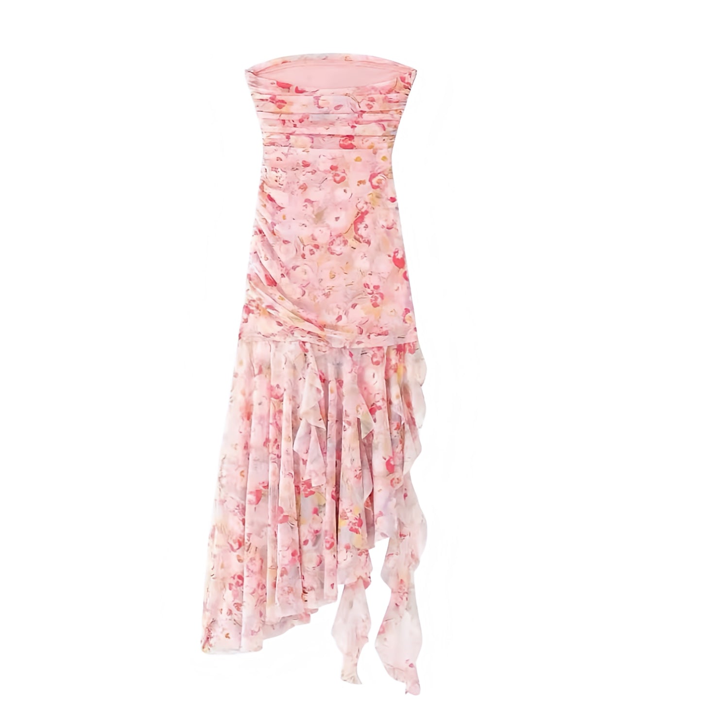 Light Pink Floral Print Bodycon Ruched Asymmetric Strapless Maxi Dress. Slim fit bodycon silhouette with multicolor floral print, ruched detailing, layered ruffle trim, and flared asymmetric maxi cut. Strapless sleeveless dress with feminine coquette style, perfect for women, teens, and ladies. Ideal for holidays, vacations, brunch, sorority rush, school events, formal dances, prom, hoco, homecoming, parties, elegant evening wear, casual everyday fashion, Euro summer looks, and preppy chic styling. Ships wo