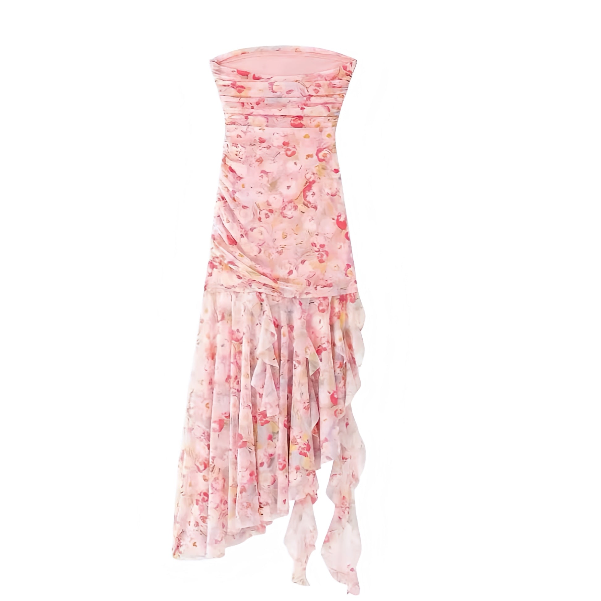 Light Pink Floral Print Bodycon Ruched Asymmetric Strapless Maxi Dress. Slim fit bodycon silhouette with multicolor floral print, ruched detailing, layered ruffle trim, and flared asymmetric maxi cut. Strapless sleeveless dress with feminine coquette style, perfect for women, teens, and ladies. Ideal for holidays, vacations, brunch, sorority rush, school events, formal dances, prom, hoco, homecoming, parties, elegant evening wear, casual everyday fashion, Euro summer looks, and preppy chic styling. Ships wo