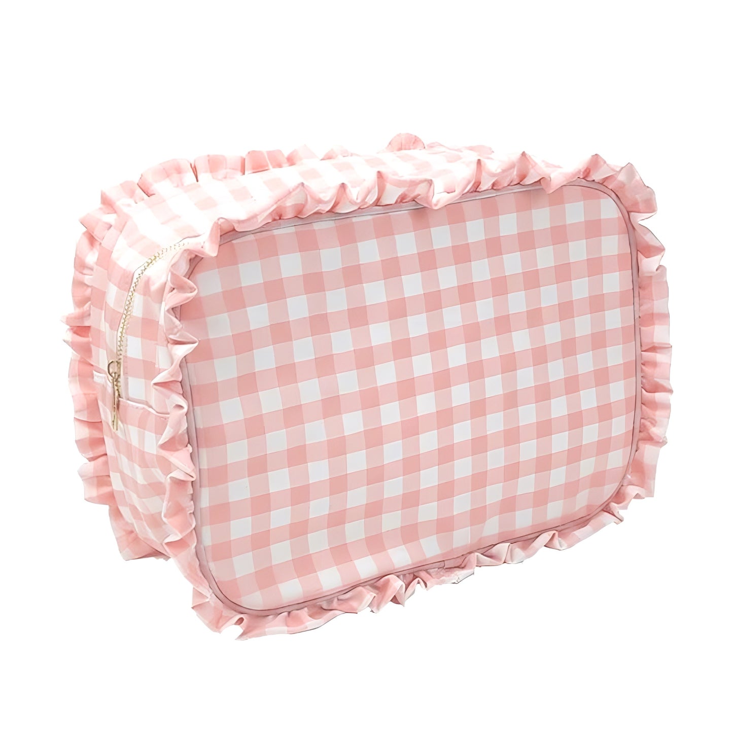 Light pink and white gingham print makeup bag with feminine ruffle trim detail and metallic zipper. Waterproof, lightweight, and vegan-friendly cosmetic pouch ideal for makeup, skincare, and travel storage. Cute, coquette, and preppy-inspired design perfect for everyday or vacation use. Ships globally to the US, UK, Canada, Australia, New Zealand, Europe, and Asia.

