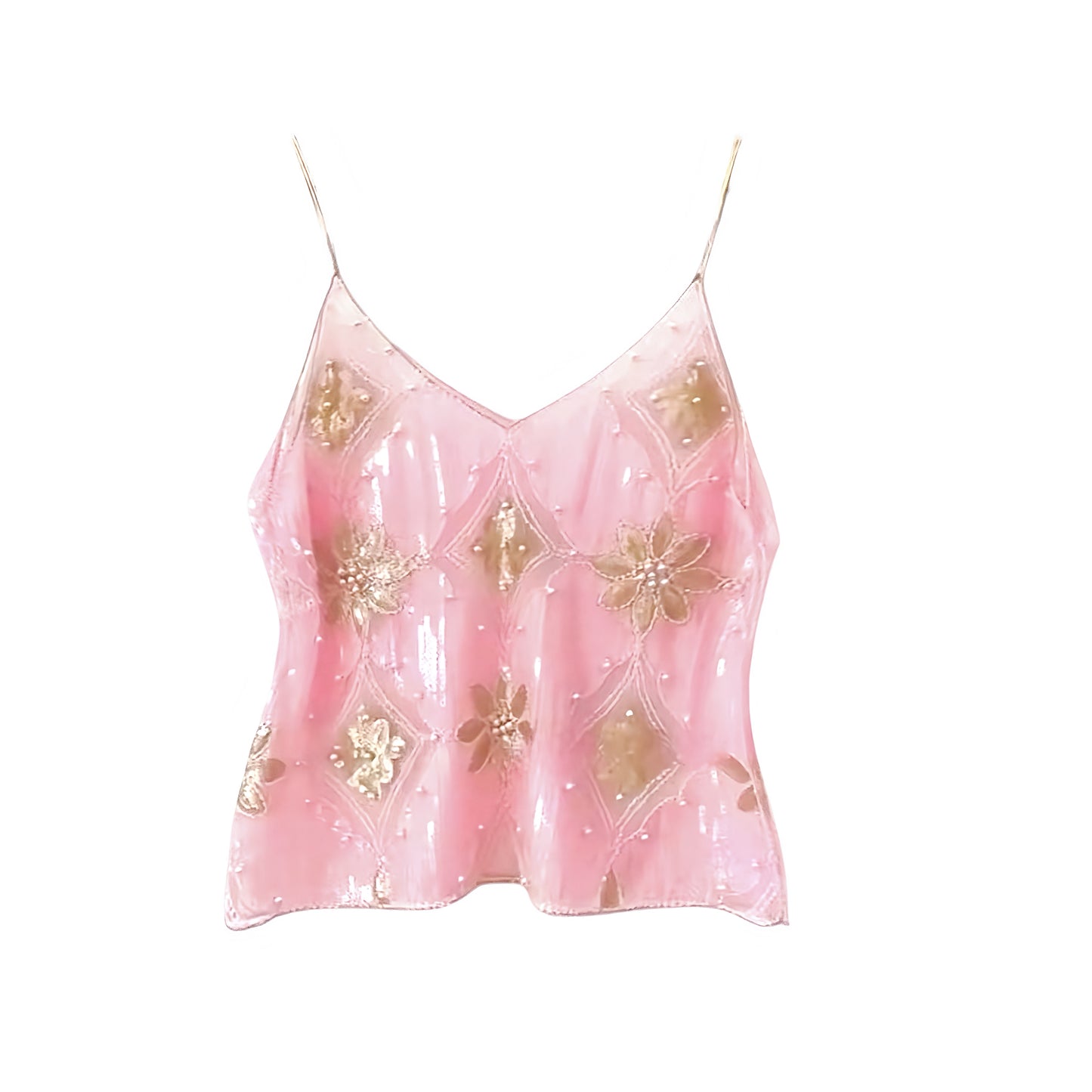 Light pink baby pink pastel pink and gold sequin embellished beaded v-neck boho tank top with metallic shimmer sparkle glitter sequined floral and geometric patterned design. Slim fit skinny fit sleeveless spaghetti strap backless crop camisole blouse for women, teens, and ladies. Chic trendy casual elegant sexy party top for beach vacation, summer vacation, euro summer, Ibiza fashion, rave outfit, festival outfit, concert outfit, disco party, club wear, night out, going out, NYE, boho chic style, y2k.