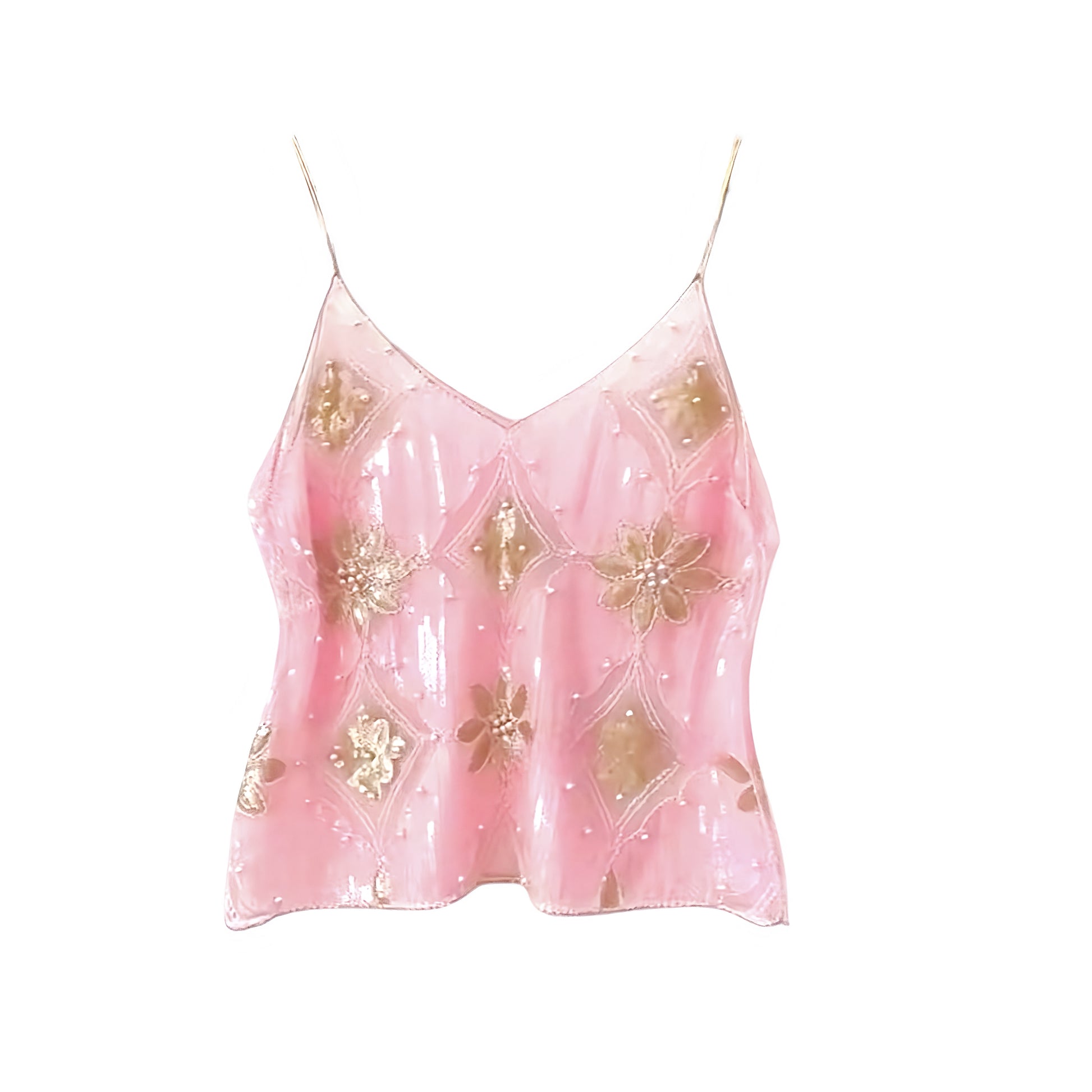 Light pink baby pink pastel pink and gold sequin embellished beaded v-neck boho tank top with metallic shimmer sparkle glitter sequined floral and geometric patterned design. Slim fit skinny fit sleeveless spaghetti strap backless crop camisole blouse for women, teens, and ladies. Chic trendy casual elegant sexy party top for beach vacation, summer vacation, euro summer, Ibiza fashion, rave outfit, festival outfit, concert outfit, disco party, club wear, night out, going out, NYE, boho chic style, y2k.