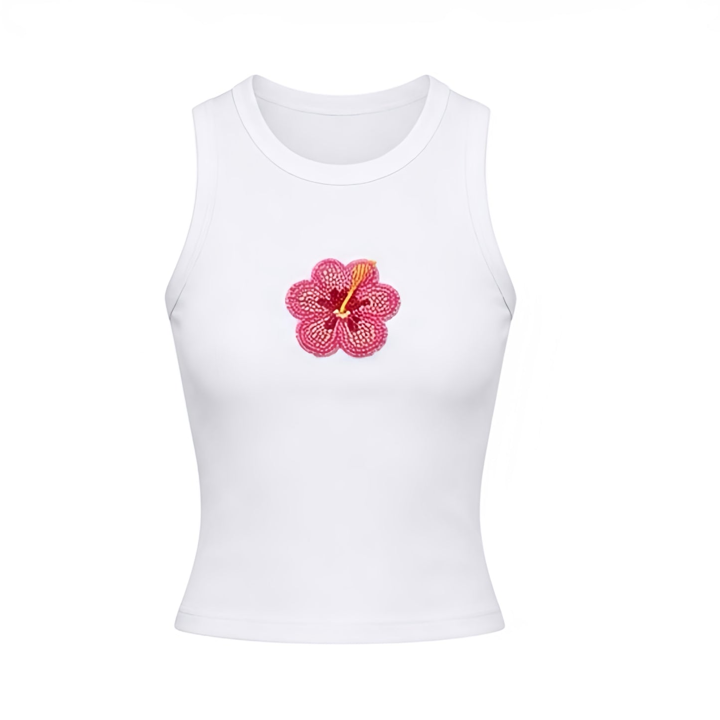 Light pink hibiscus Y2K sparkly beaded fitted sleeveless tank top with white, light pink, hot pink, orange and yellow hibiscus flower bead design. Tropical flower bead patterned floral crop top with slim fit skinny fit bodycon ribbed cotton blend silhouette, scoop neck round neck and sleeveless muscle tank shape. Y2K beaded top and baby tank perfect for 2000s fashion, tropicalcore, mermaidcore, Hawaii outfit, Hawaiian style, Malibu Barbie style, Ibiza style, beach club outfits and summer vacation.


