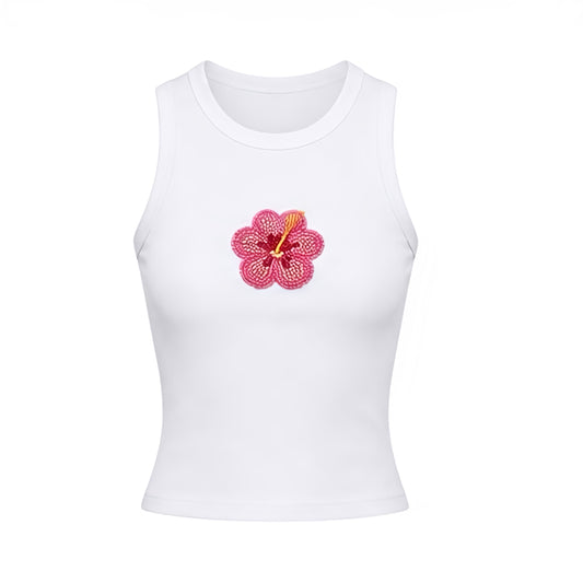 Light pink hibiscus Y2K sparkly beaded fitted sleeveless tank top with white, light pink, hot pink, orange and yellow hibiscus flower bead design. Tropical flower bead patterned floral crop top with slim fit skinny fit bodycon ribbed cotton blend silhouette, scoop neck round neck and sleeveless muscle tank shape. Y2K beaded top and baby tank perfect for 2000s fashion, tropicalcore, mermaidcore, Hawaii outfit, Hawaiian style, Malibu Barbie style, Ibiza style, beach club outfits and summer vacation.


