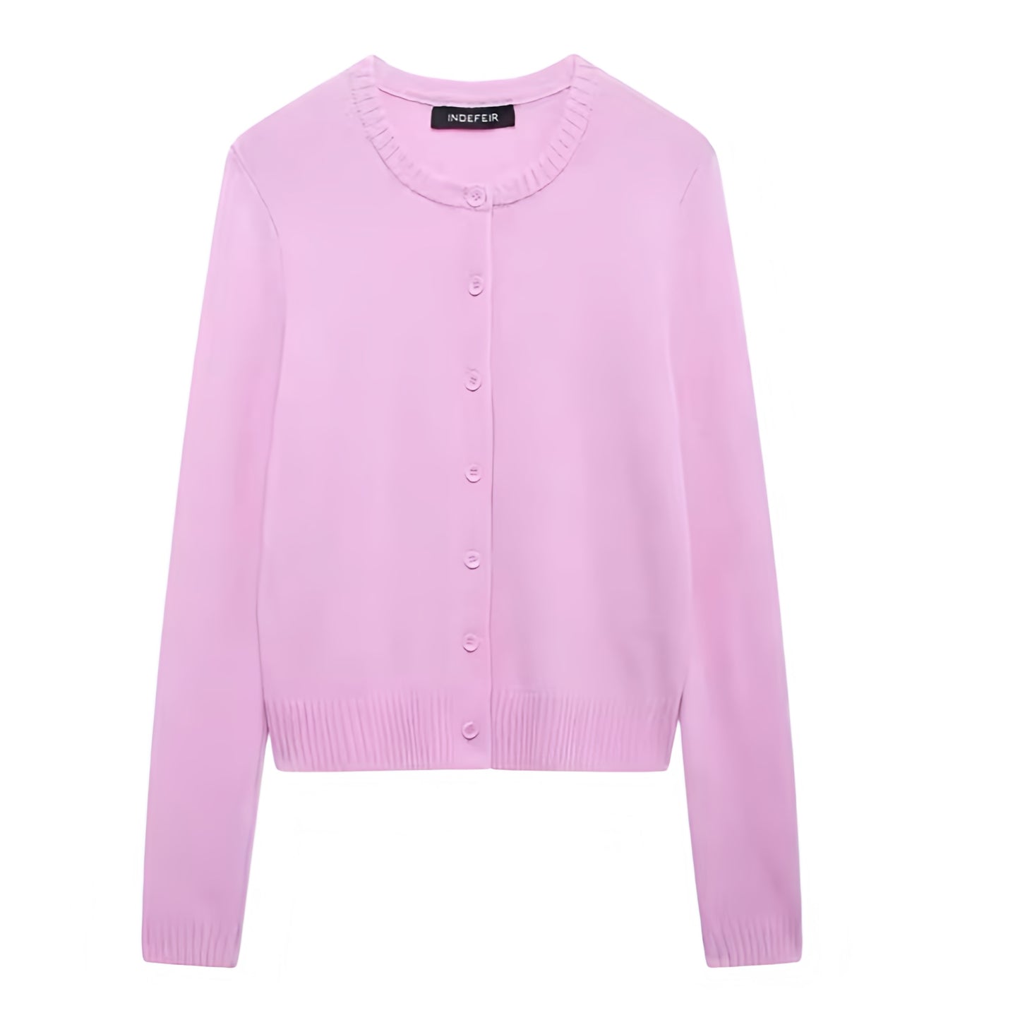 Light pink knit button-down long sleeve cardigan sweater for women and teens. Soft, cozy, lightweight knitwear with round neckline and cropped silhouette. Elegant and feminine pastel pink jumper perfect for fall, autumn, and winter 2025. Trendy coquette Y2K preppy style for everyday fashion. Chic, comfy, and casual knit cardigan for ladies. Ships globally to the US, UK, Canada, Australia, New Zealand, Europe, Asia, France, Germany, Italy, Spain, Denmark, Sweden, Switzerland, Netherlands, Poland, Ireland.