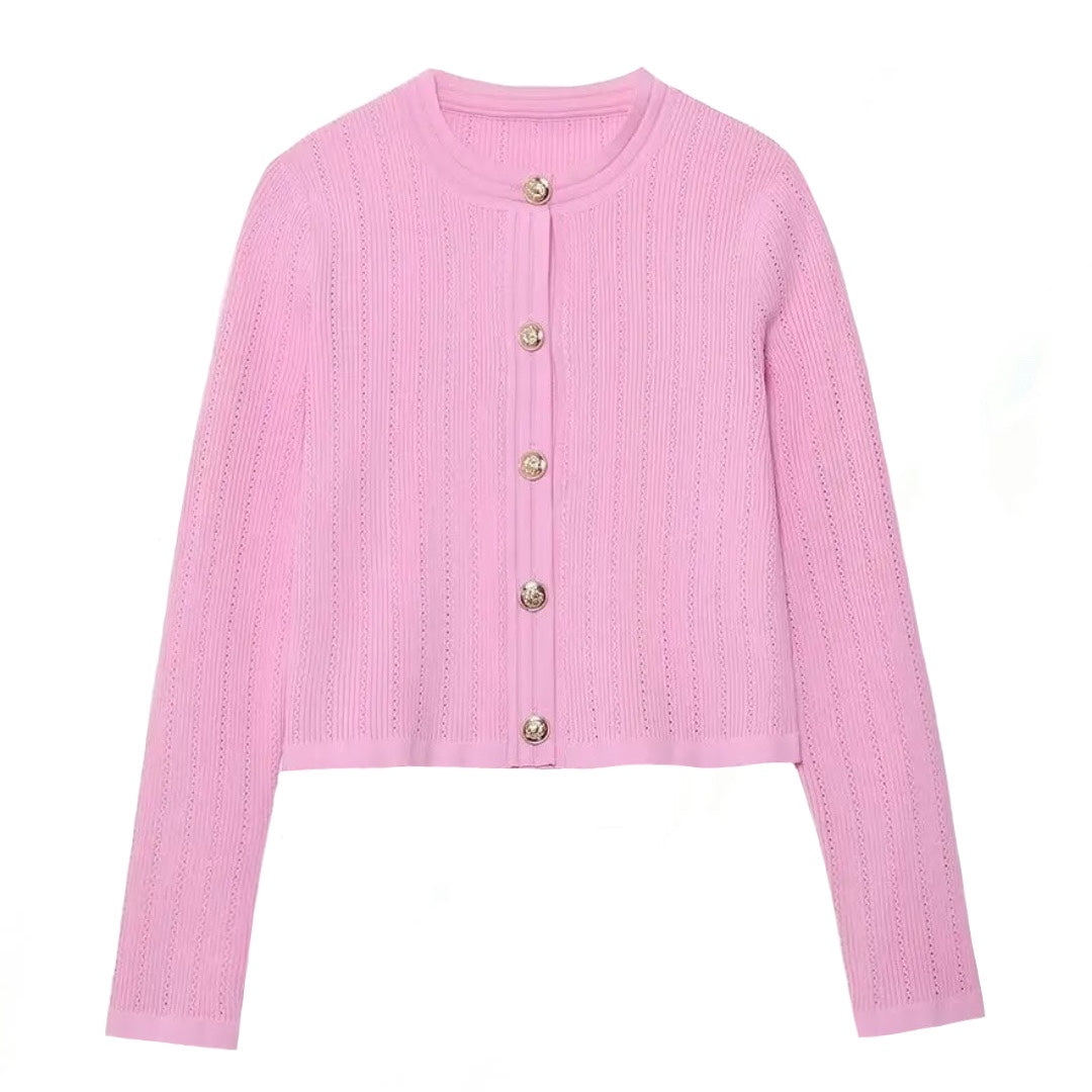 Light Pink Knit Gold Button-Down Cropped Cardigan Sweater for women and teens. Soft, cozy, and lightweight ribbed knitwear with gold buttons, cropped silhouette, and elegant pastel tone. Feminine, chic, and trendy cardigan inspired by Parisian chic, coquette, and preppy fashion. Perfect for fall, autumn, and winter 2025 outfits. Ships globally and worldwide to the US, UK, Canada, Australia, Europe, and Asia.