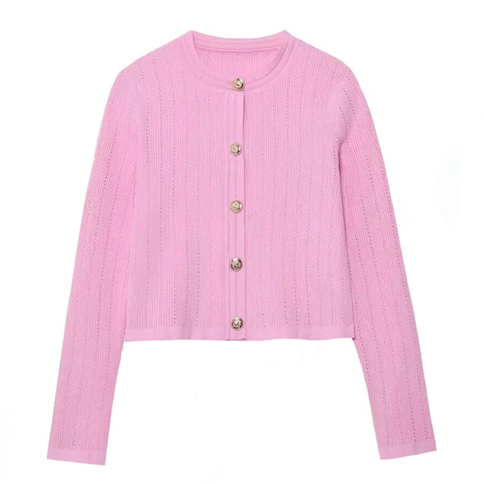 Light Pink Knit Gold Button-Down Cropped Cardigan Sweater for women and teens. Soft, cozy, and lightweight ribbed knitwear with gold buttons, cropped silhouette, and elegant pastel tone. Feminine, chic, and trendy cardigan inspired by Parisian chic, coquette, and preppy fashion. Perfect for fall, autumn, and winter 2025 outfits. Ships globally and worldwide to the US, UK, Canada, Australia, Europe, and Asia.